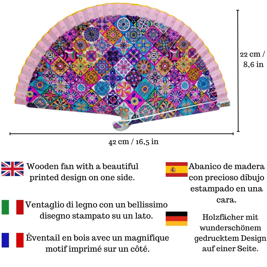 Faltbarer Holzfächer mit aufgedrucktem Design – Set mit handgefertigter Schutzhülle mit Reißverschluss und Schlüsselanhänger als Andenken – Handgefertigte Hülle – Leicht und Kompakt