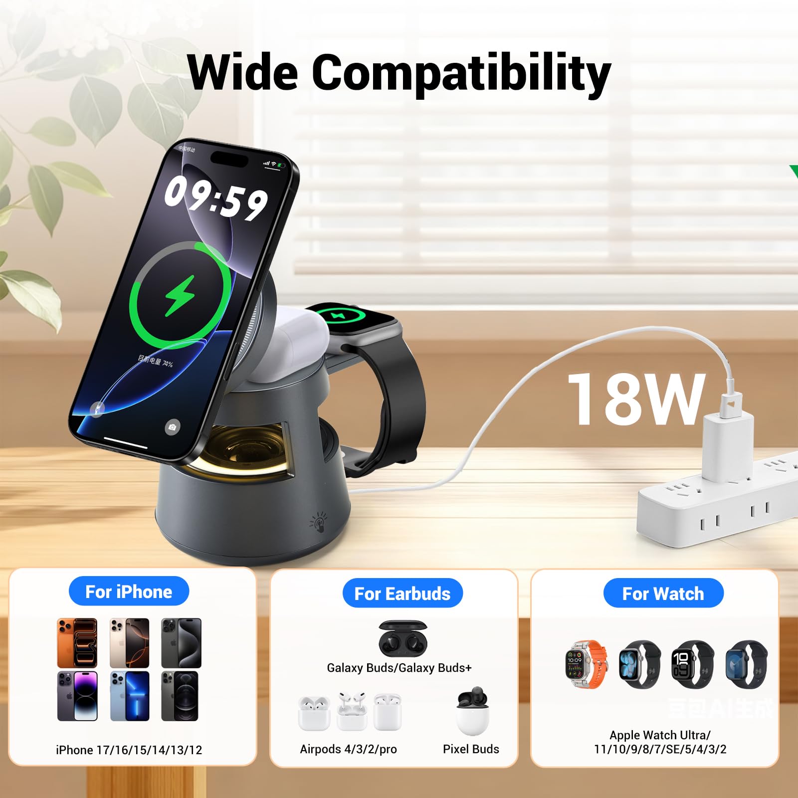 KozyOne Bezprzewodowa stacja ładująca 5 w 1 z głośnikiem Bluetooth, magnetyczna szybka ładowarka, lampka nocna, stacja dokująca do ładowania kompatybilna z iPhone 17/16/15/14/13/12, Apple Watch