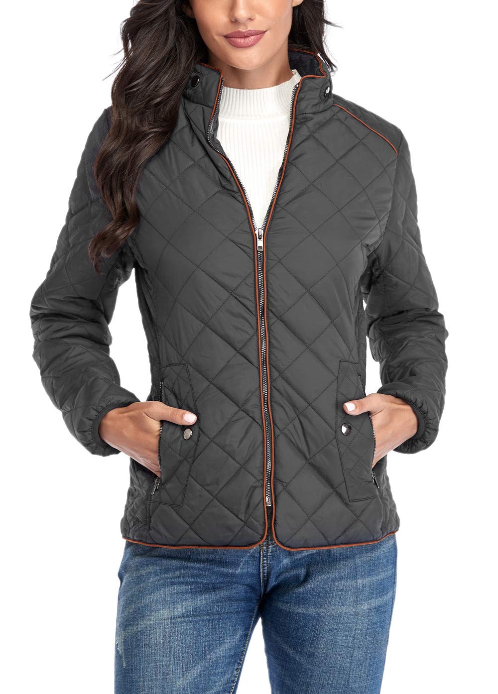Anienaya Womens Lightweight Quilted Jacket Stand Collar Zip Warm Winter Coat Outwear w 2 Pockets