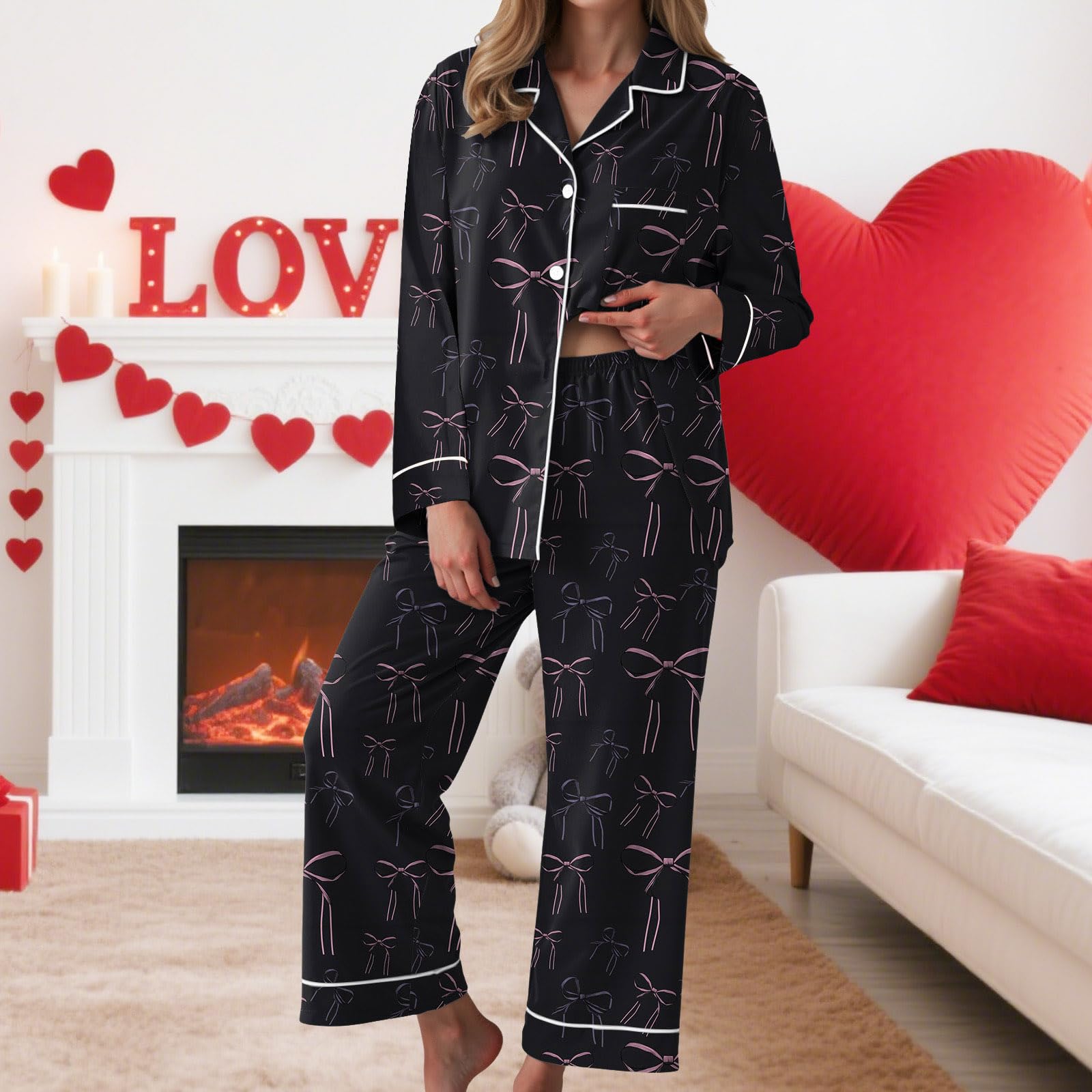 Generisch Schlafanzug Damen Hausanzug Pyjama Zweiteilig Langarm Hose Winter | Kürbis Motiv Geister Druck Thematisches Muster Knopfoberteil Lockere Passform Pyjamaparty Feierlichkeit Outfit