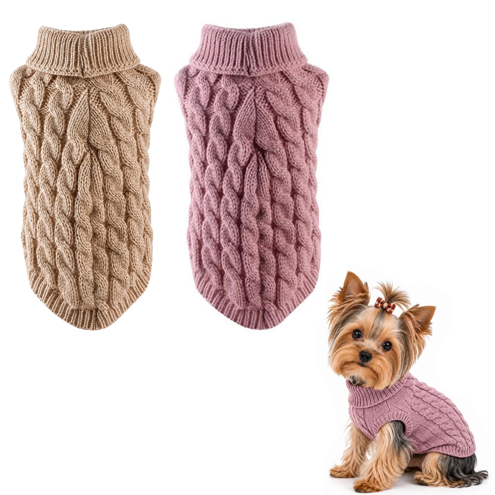 Dog Jumpers Small, Small Dog Jumper Knitted Turtleneck Sweater, Warm Puppy Jumper Soft Stretch Winter Dog Clothes for Chihuahua, Yorkshire Terrier, Pomeranian & Corgi，Chest（9-11 in）：Khaki + Pink