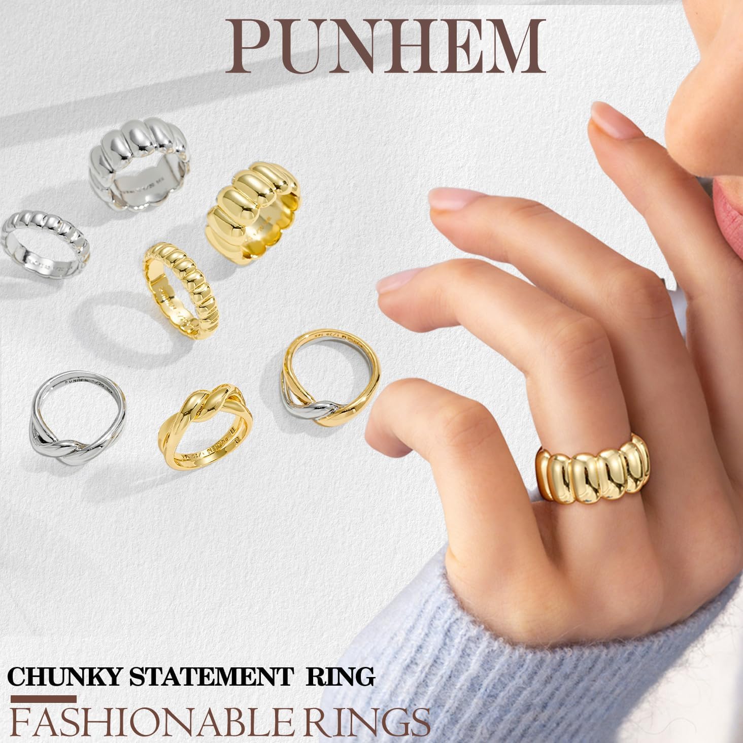 Chunky Gold Statement Rings for Women 14K Gold Silver Tone Non Tarnish Cute Puffy Dome Croissant Thumb Band High Polished Smooth Comfort Fit Size 5-10 - Image 5