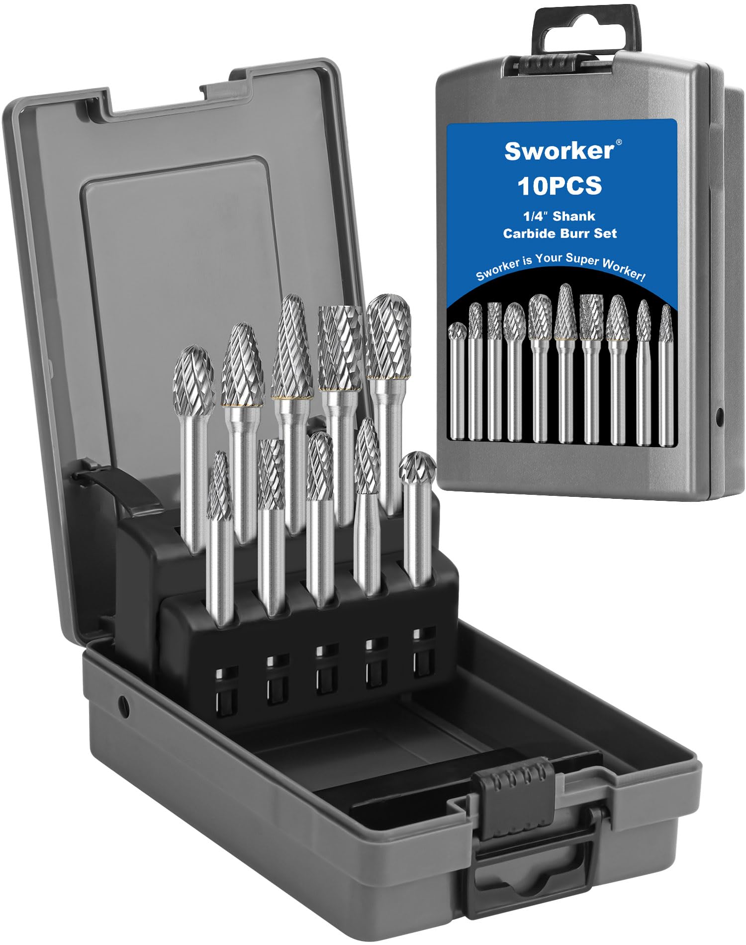 10 Pcs Carbide Burr Set 1/4 Shank w/Grey Case Die Grinder Bits Compatible with Milwaukee Dewalt Drill Bit Electric or Air Rotary Tools Attachment Rasp Accessories Metal Wood Stone Steel Grind Deburr