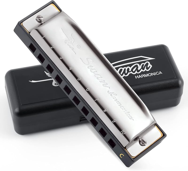 SWAN Blues Harmonica C Key para niños adultos, armónica diatónica de 10 agujeros Key of C, arpa de blues de metal para estudiantes principiantes, órgano bucal en estuche, plateado