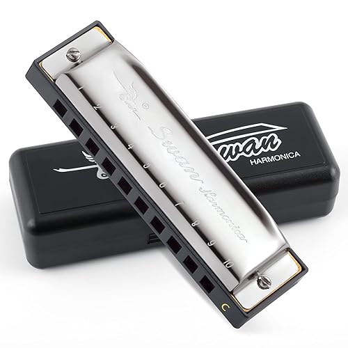 SWAN Blues Harmonica C Key for Kids Adults, 10 Hole Diatonic Harmonica Key of C, Metal Blues Harp for Beginners Students, Mouth Organ in Case, Silver