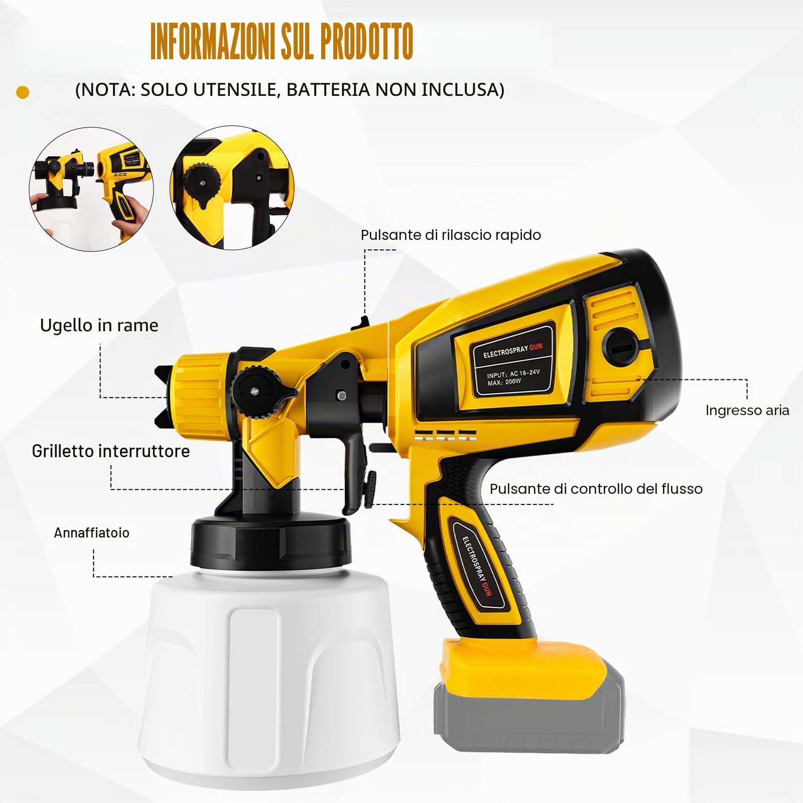Sistema di Spruzzatura Compatibile Con DeWalt 20 V - Spruzzatore a Batteria Con Contenitore da 1000 ml, 5 Ugelli, 3 Modelli di Spruzzo, Spazzola per la Pulizia, Guanti