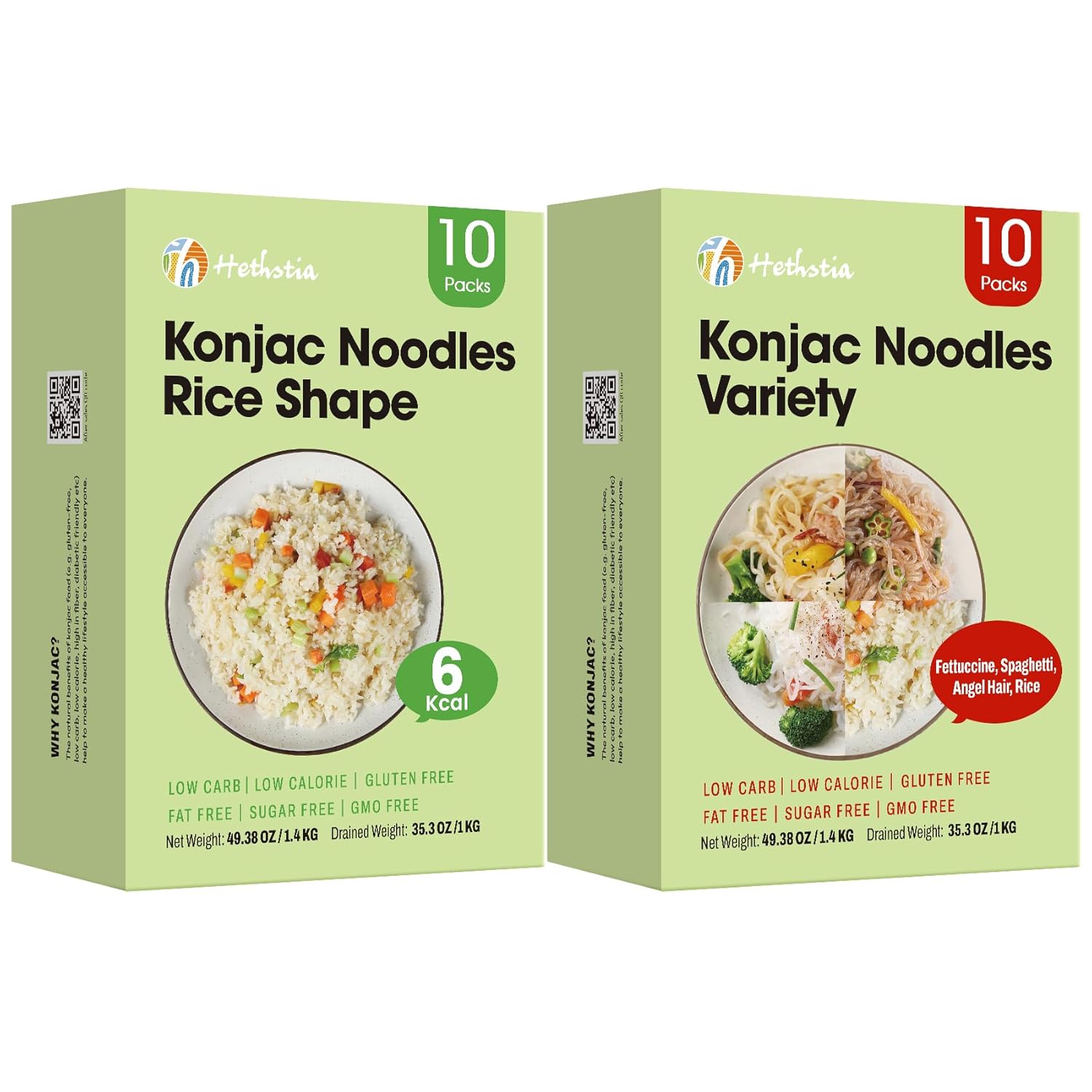 Hethstia Konjac Noodles Variety Pack – 20 Pack Shirataki Noodle with Fettuccine, Angel Hair, Spaghetti, and Rice Shapes, Keto, Vegan, Gluten-Free, Sugar-Free, Low Calorie, Low GI, Ready-to-Eat Healthy
