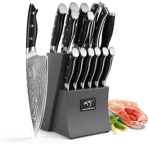 NANFANG BROTHERS Damasco - Juego de cuchillos de cocina de 15 piezas con bloque, mango ergonómico de ABS para juego de cuchillos de chef y cuchillos