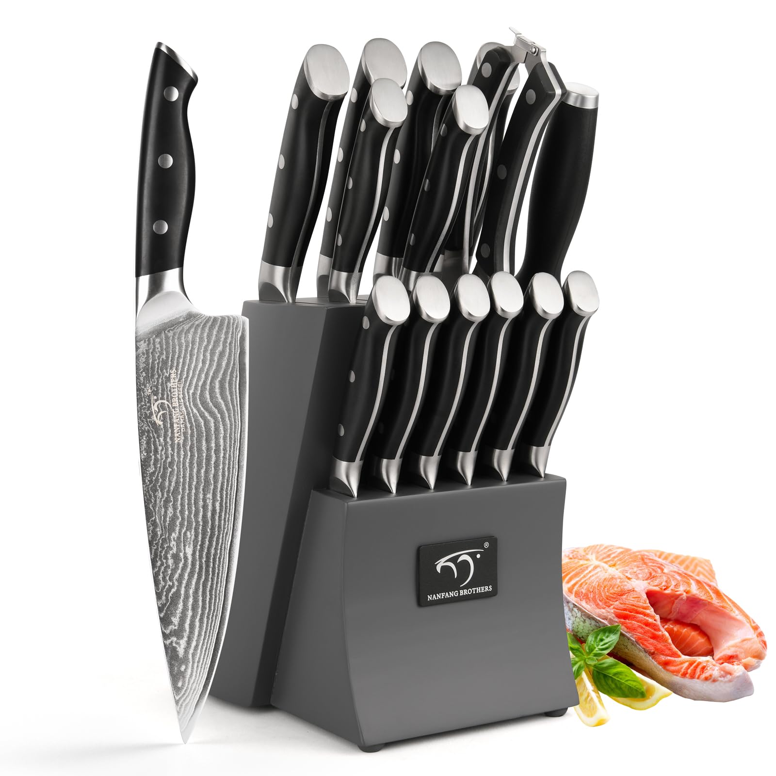 Damascus Knife Set with Block 15pcs,Damascus Knives Set Damascus Steel, Japanese Professional Kitchen Knife Set with Wood Knife Block Grey