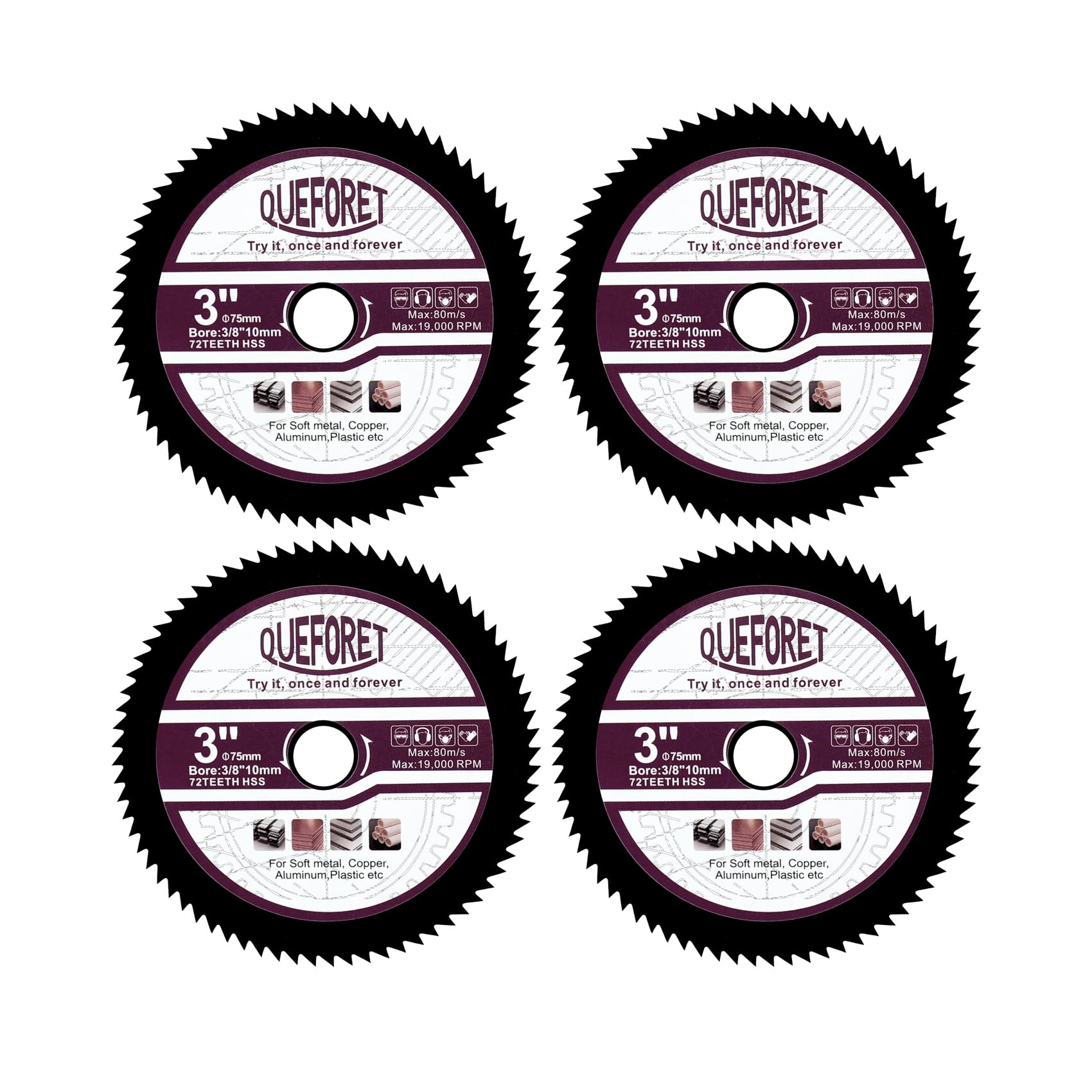 QUEFORET 75mm HSS Circular Saw Blades - 4pcs Cutting Discs for Soft Metal Copper Aluminium with 10mm Arbor
