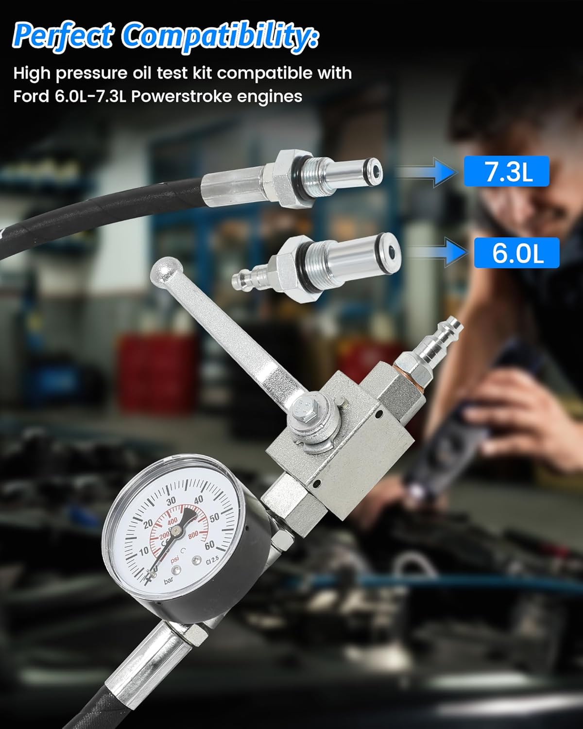 6.0 High Pressure Oil System Tester, IPR Air Test Tool Special Kit Fit for Ford 6.0L-7.3L Powerstroke Diesel, with 6.0L 7.3L High Pressure Oil System IPR Valve Air Test Fitting, Gauge Air Meter