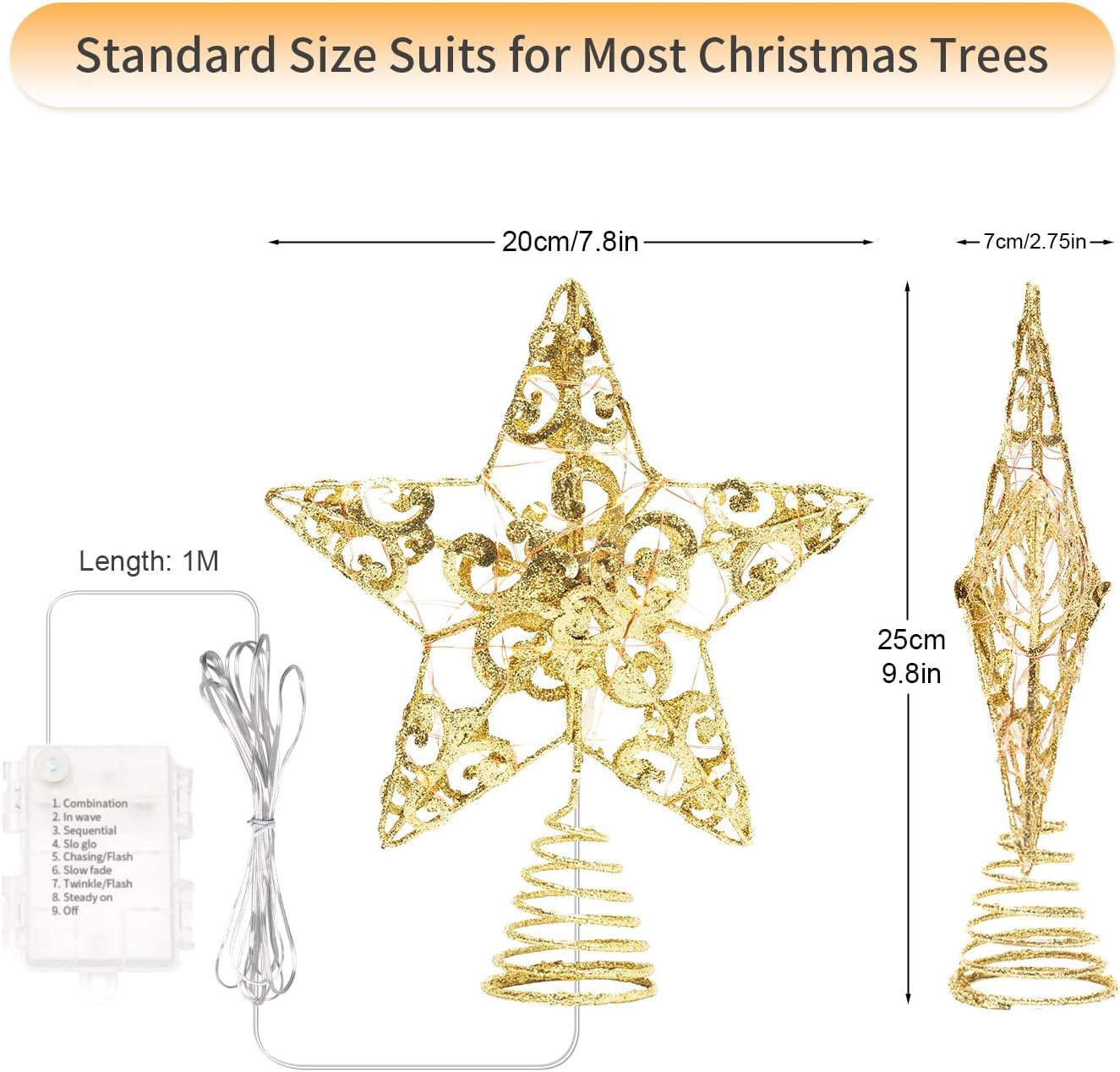 YAUNGEL Christmas Tree Topper Star, 40 LED Lighted Star Tree Topper with Remote Control, Ornaments Battery Operated Warm Lights Treetop Decorations Holiday Seasonal, Indoor Home Decor, 10in