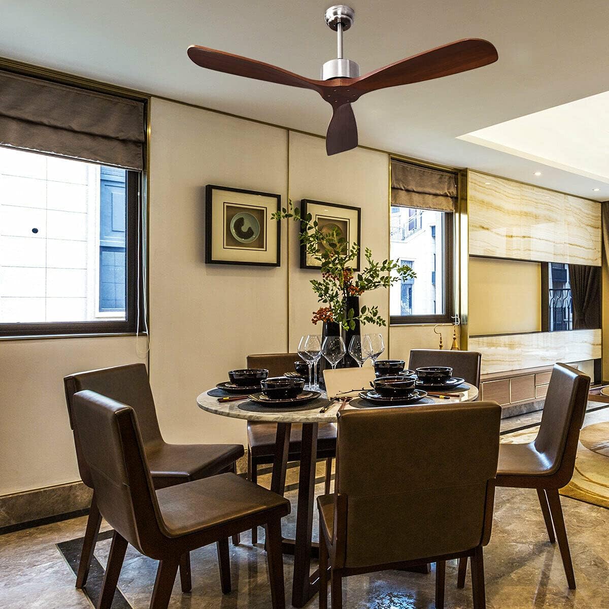 DORTALA 52" Modern Ceiling Fan, 3 Blade Ceiling Fan Wood Blades, Noiseless Reversible Motor, &Brushed Nickel Finish w/Remote Control