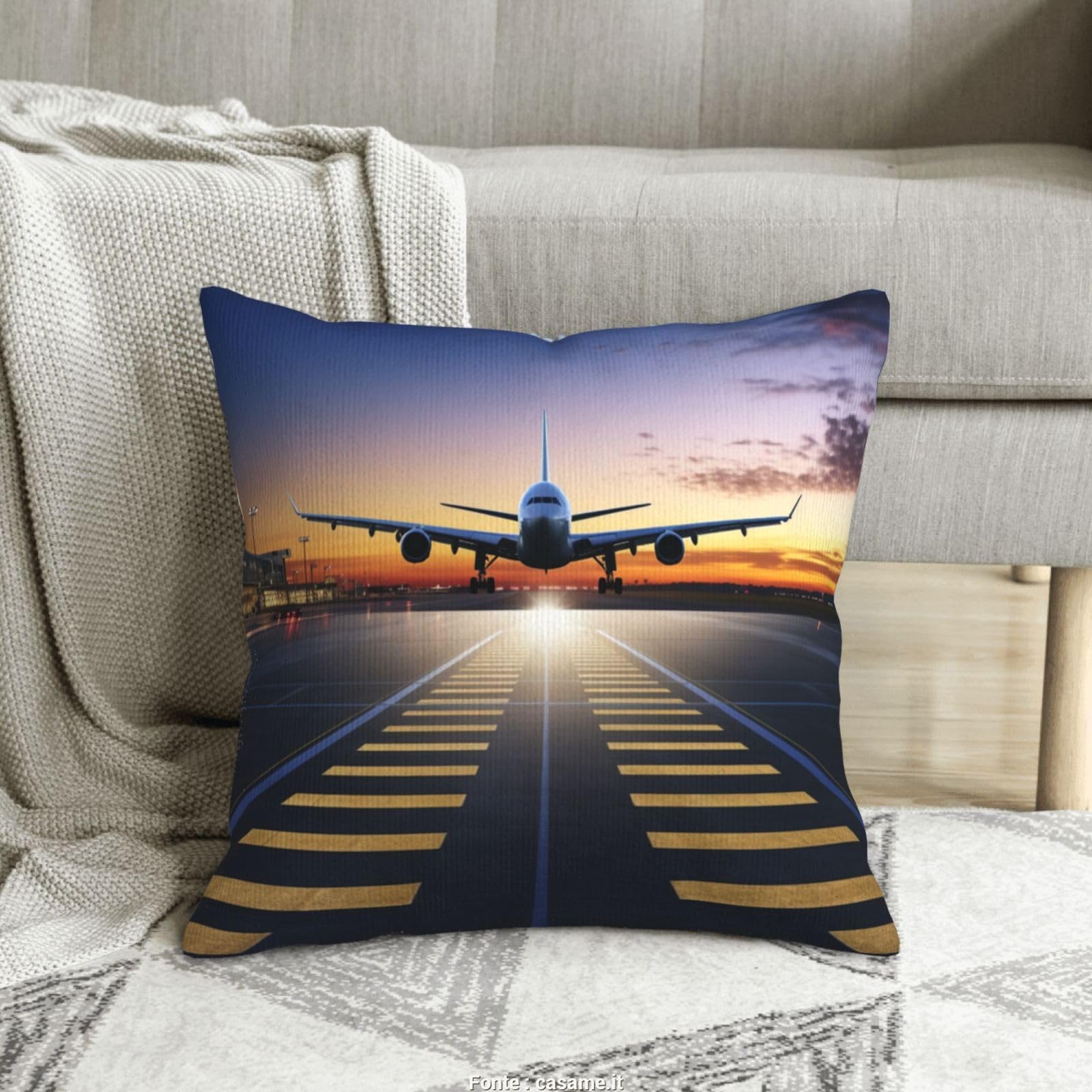 Housse de coussin velours côtelé imprimé aéroport pour salon et lit