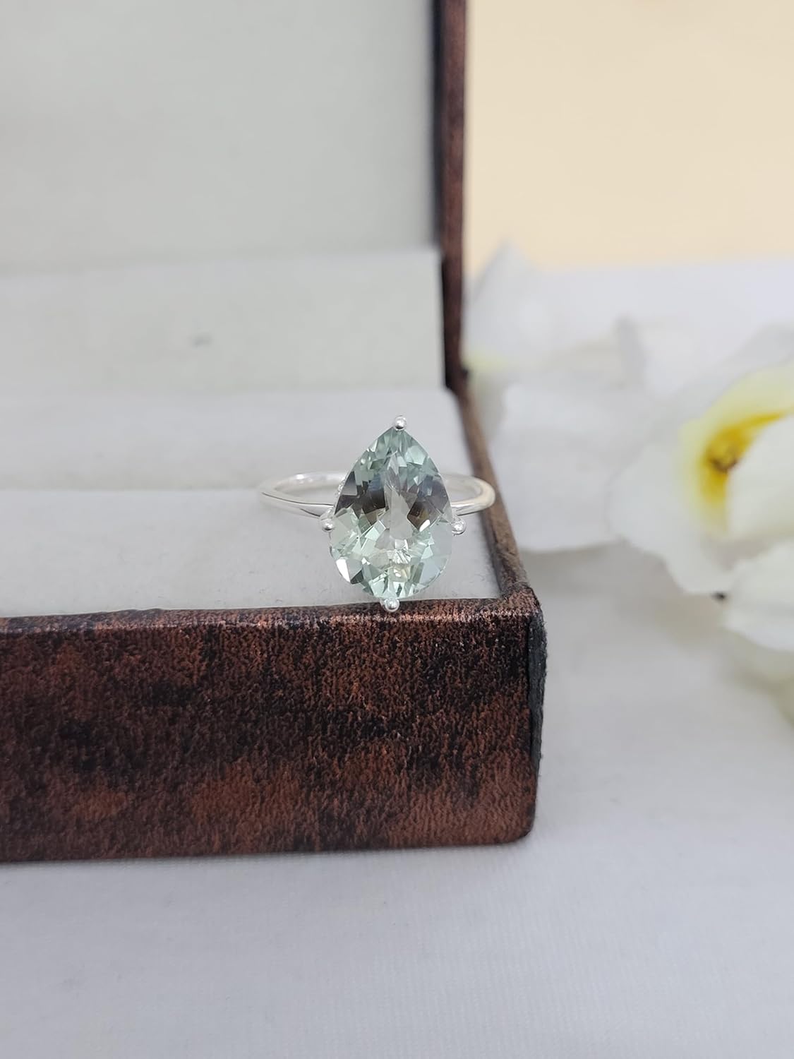 Green Amethyst Ring 925 Sterling Silver, Pear Cut Natural Prasiolite Solitaire Ring for Women, Dainty Minimalist Handmade Jewelry, Engagement Gift for Her