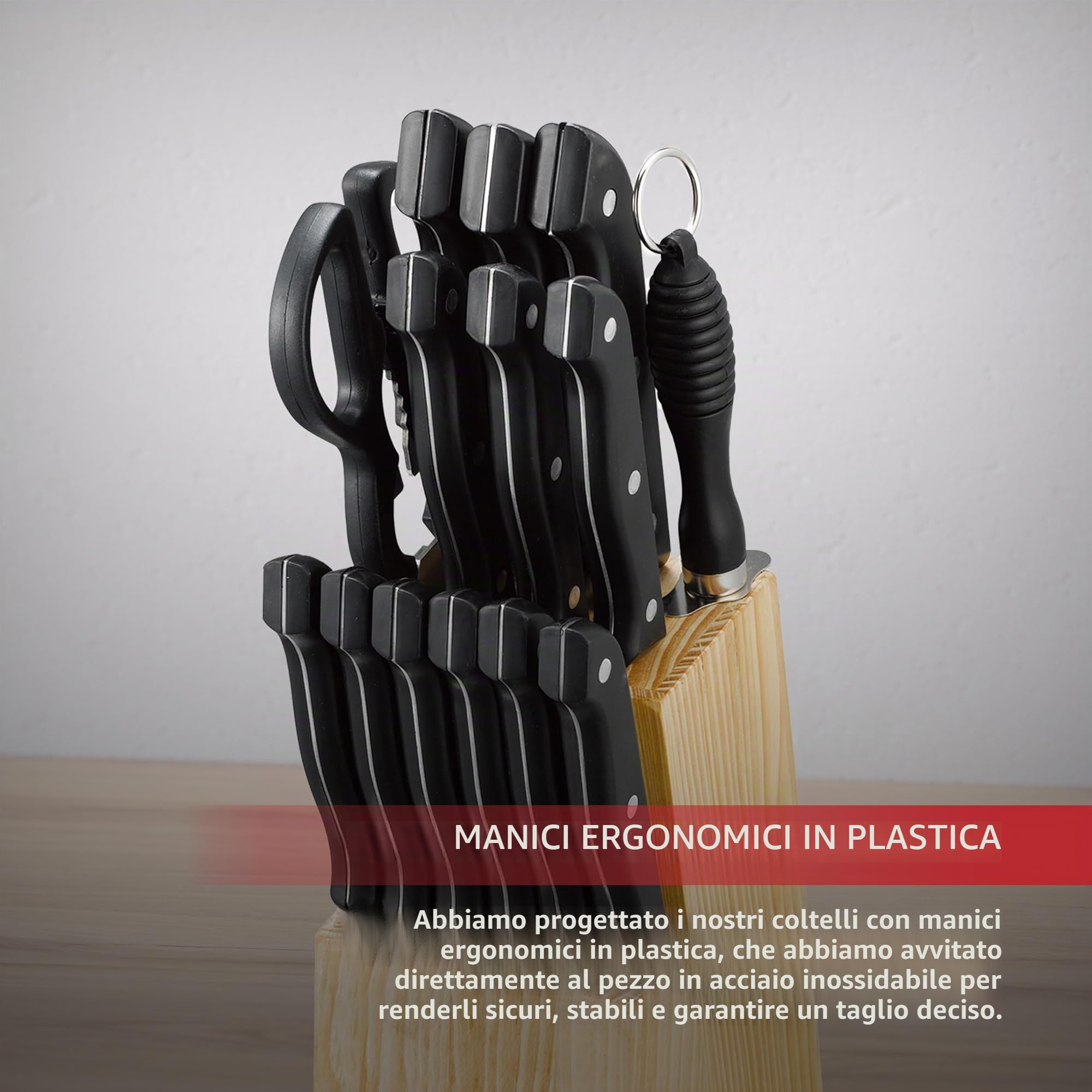 RENBERG Tenessy | Coltelli da Cucina | Set Completo di 15 Pezzi con Ceppo di Legno | Perfetti per Tagliare Ogni Ingrediente | Cucina Professionale | Fabbricati in Acciaio Inox