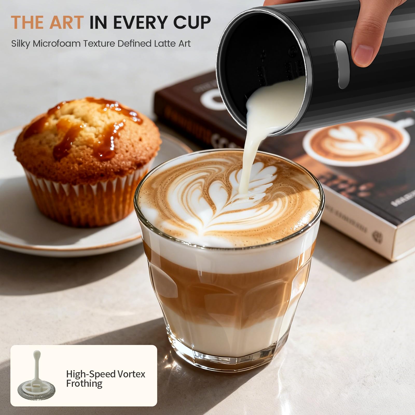 Elektryczny spieniacz do mleka, 6 w 1, automatyczny spieniacz do mleka i podgrzewacz do mleka do latte, cappuccino, macchiato, idealny do użytku domowego i biurowego, łatwy do czyszczenia, czarny