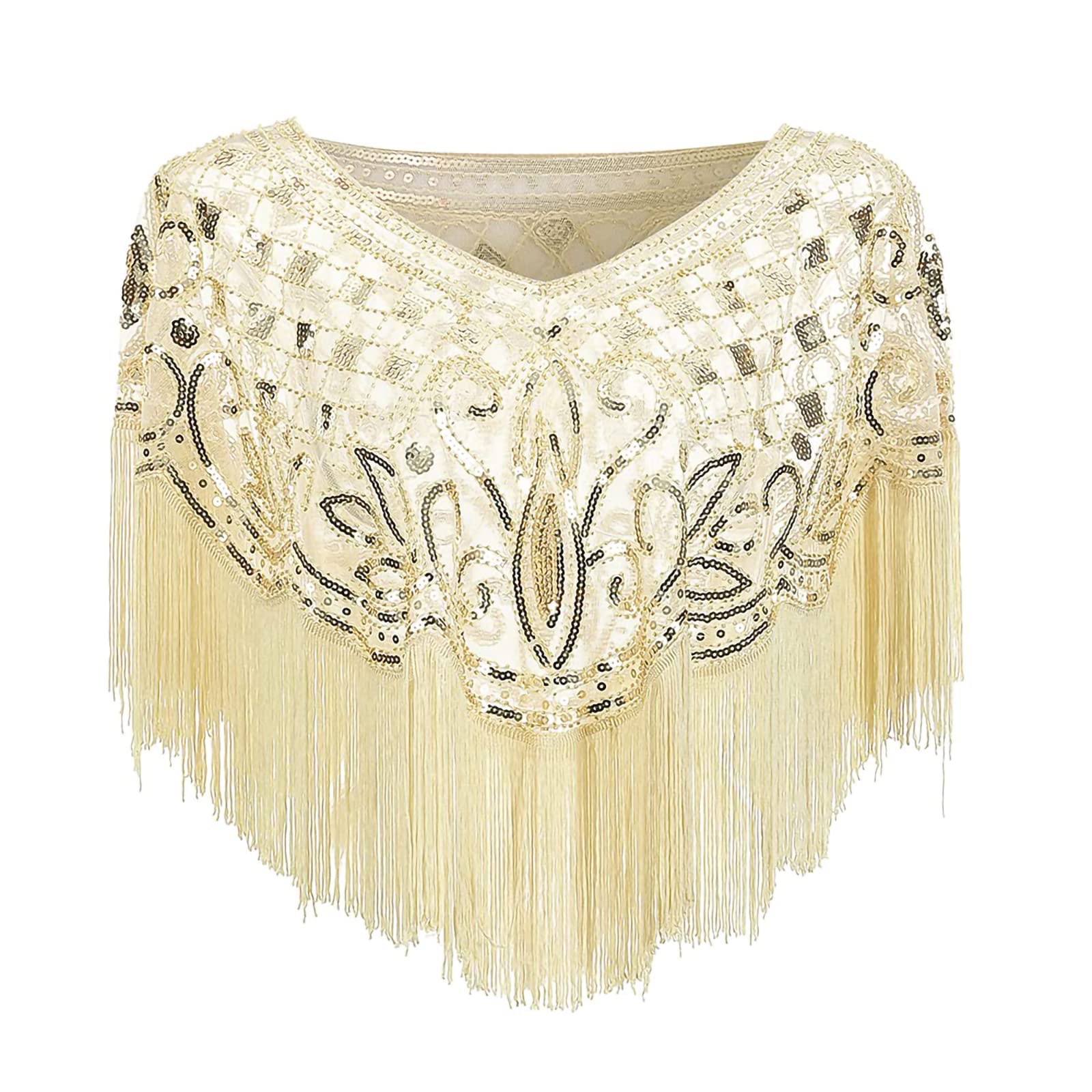 TERRIFI1920s Shawl Wraps Sequined Fringed Evening Cape Wedding Bridal Shawl Scarf for Evening Dresses Party Flapper Evening Cape