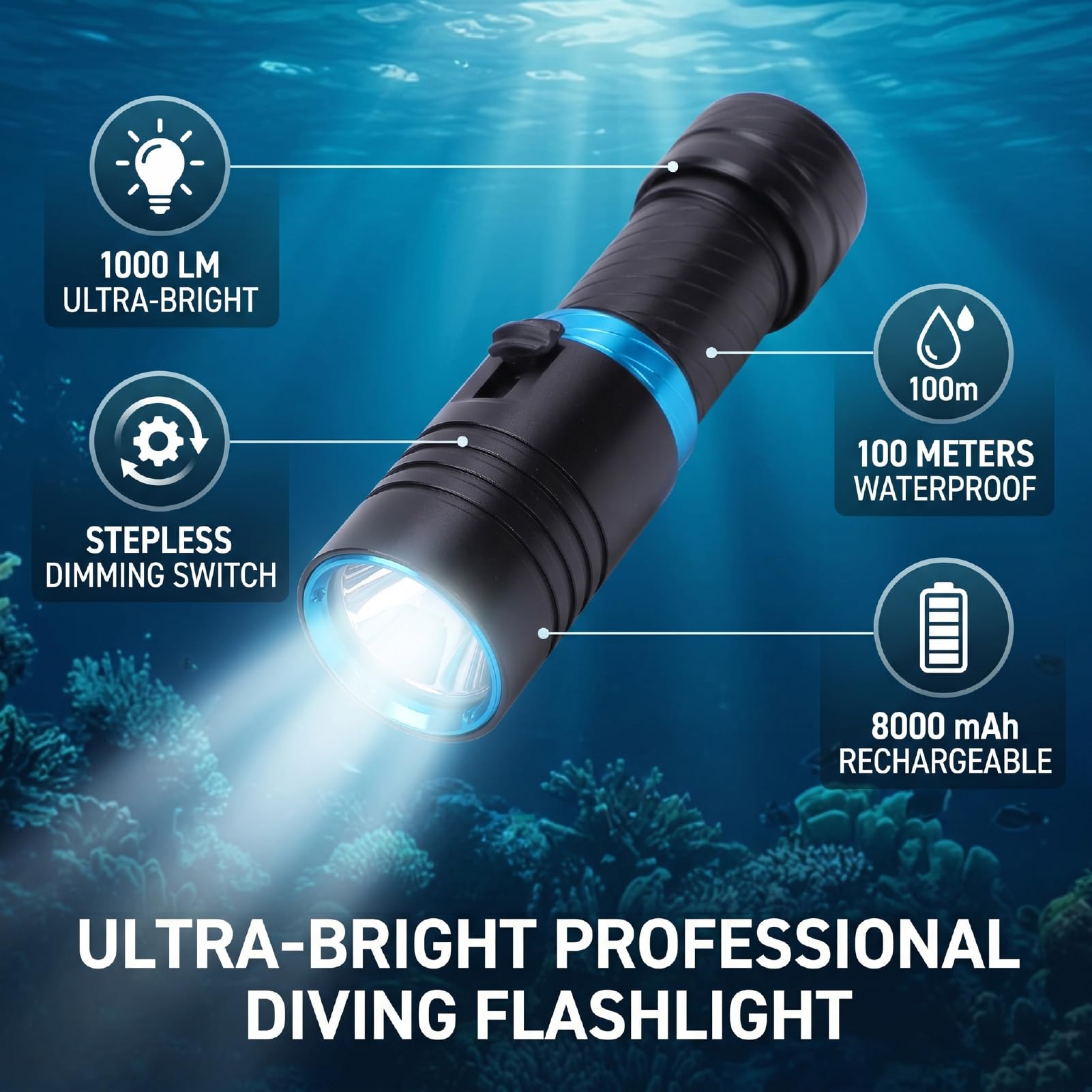 Torcia Subacquea Professionale, Luce Subacquea Ricaricabile Super Luminosa da 1000 Lm, Impermeabile Fino a 100 Metri per Immersioni Notturne e Snorkeling