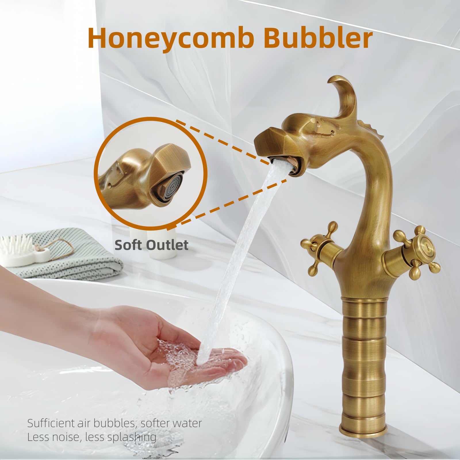Grifo de Lavabo Alto Latón Antiguo, Doble Manija Vintage Mezclador de Baño Bronce, Cabeza de Dragón Grifos de Baño Lavabo, Retro Grifo Mezclador de Agua Caliente y Fría (33 cm)