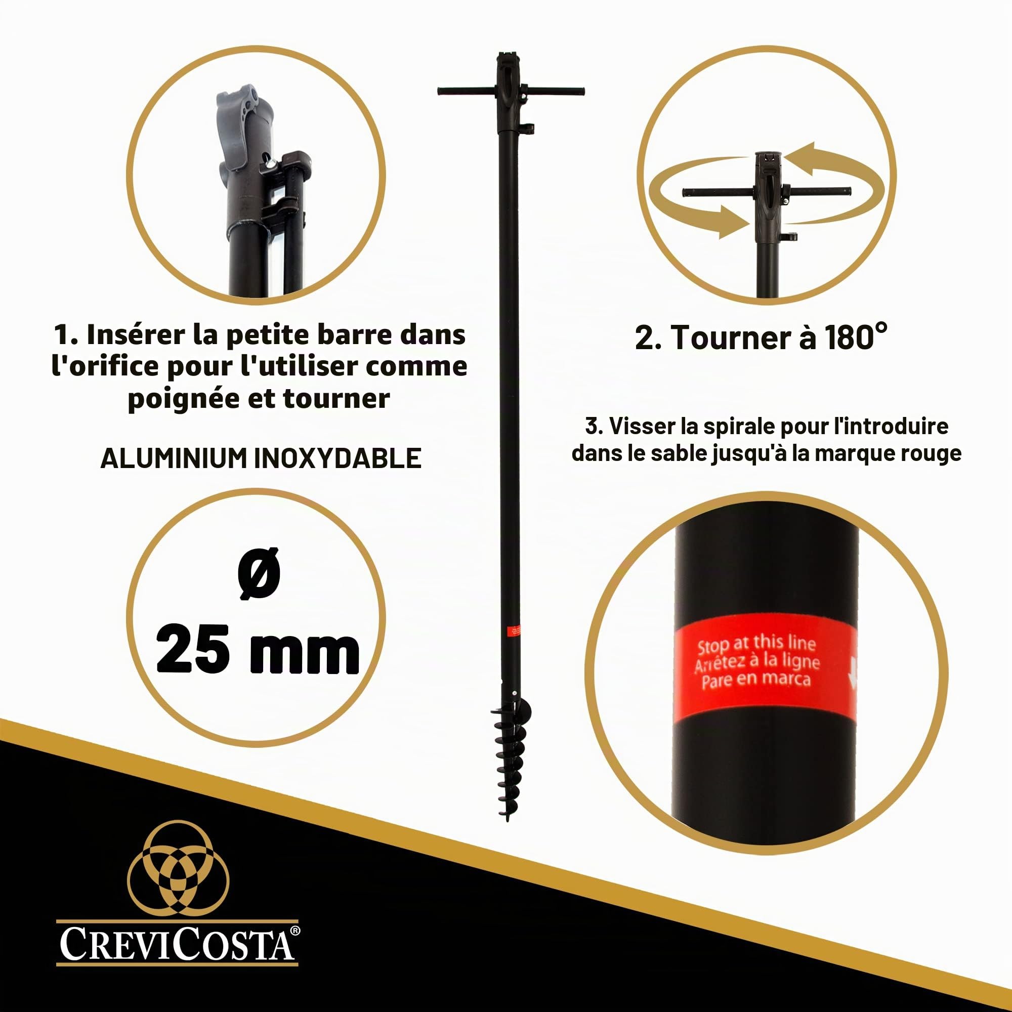 CREVICOSTA QUALITY MARK MARCAS DE CALIDAD Parasol de plage modèle olympienne noir 200cm avec spirale et poteau de voyage total. 8 tiges. Protection totale contre les rayons UV, Olympia noir, 200 cm