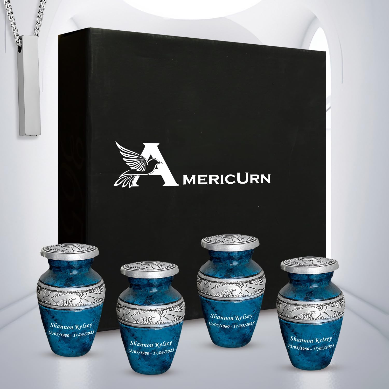 AmericUrn Marble Blue Cremation Urns for Human Ashes – Adult Male and Female Memorial Set of 5 with 4 Keepsake & 1 NecklaceUrn