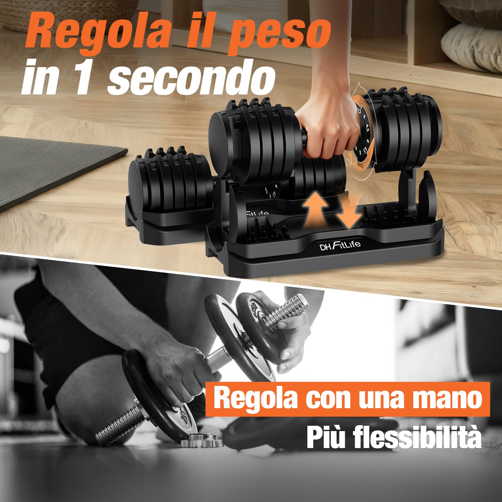 DH FitLife 12kg/25kg Manubri Regolabili, Set Manubri Componibili con 10 Pesi in 1, Manubri Regolabili Salvaspazio per Allenamento a Casa