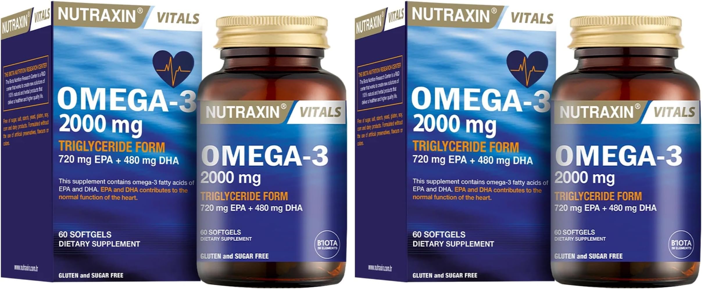 Nutraxin Vitals Omega-3 2000 mg EPA + DHA Balık Yağı içeren Takviye Edici Gıda (1 x 60 kapsül) (2 paketi)