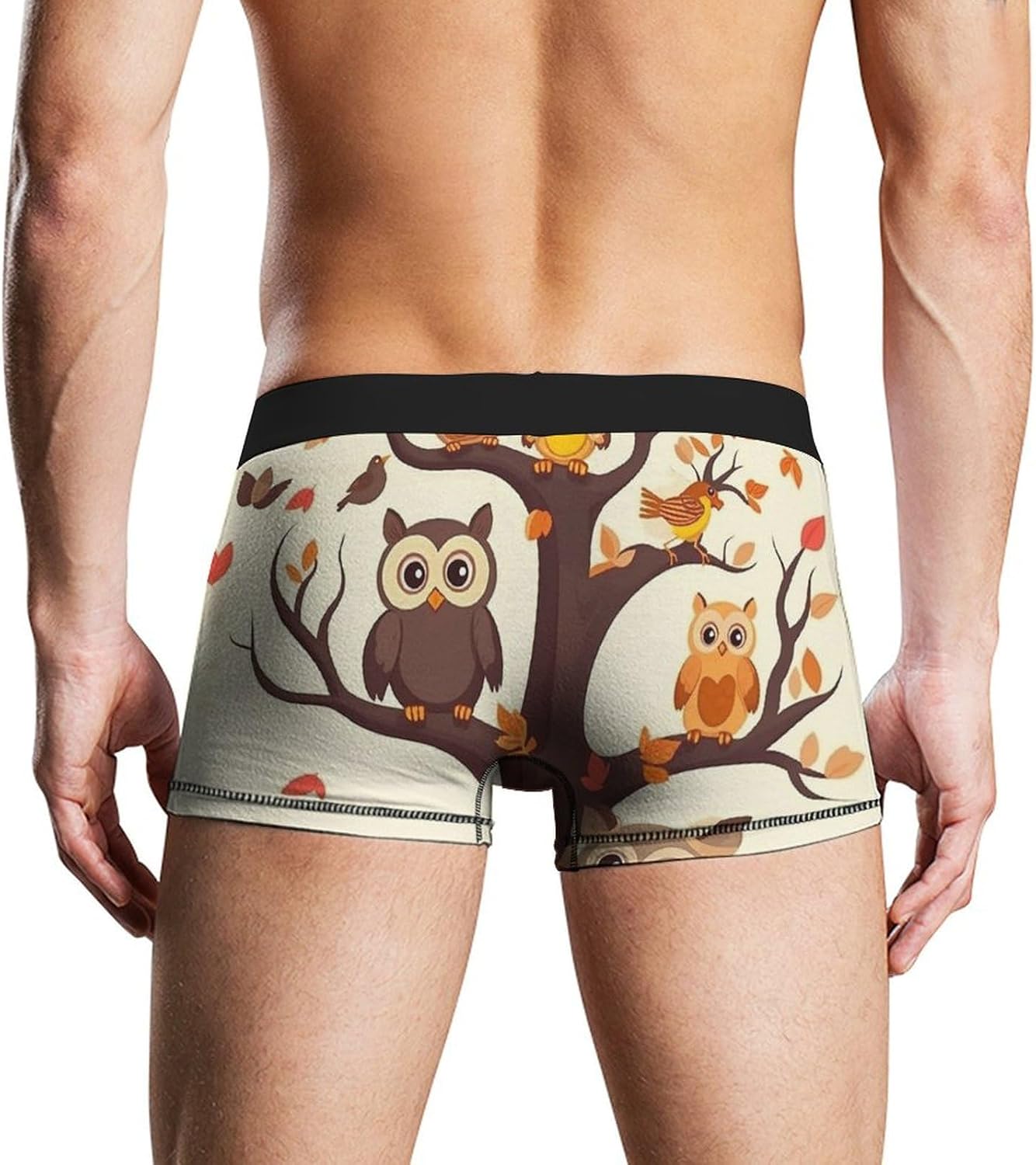 Cartoon Owl on Tree Mens Boxer Briefs Short Breathable Underwear Trunks Soft Moisture-Wicking Boxer Shorts Novelty Underpants 2XL White
