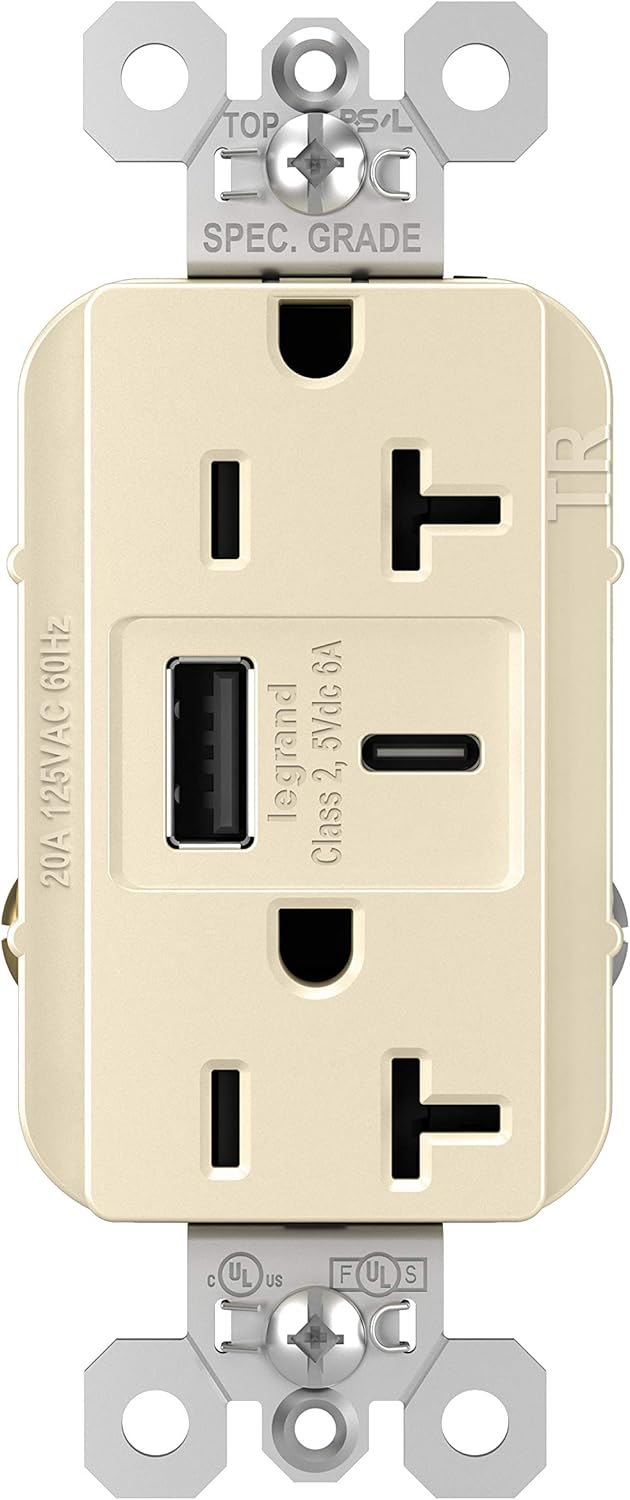 Legrand Pass & Seymour TR20USBAC6LA 20 Amp Tamper-Resistant Heavy-Duty Specification Grade Decorator Duplex Receptacle Outlet with Ultra Fast USB A/C 6.0A Charging Ports, Light Almond (1 Count)