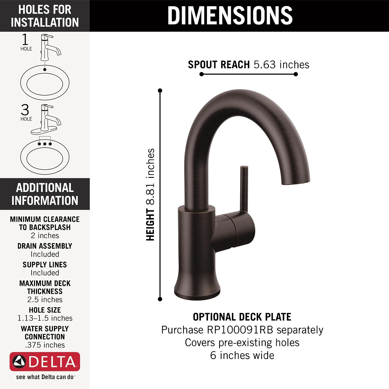Delta Faucet Trinsic Single Hole Bathroom Faucet, Oil Rubbed Bronze Bathroom Sink Faucet, Single Handle Bath Faucet, Diamond Seal Technology, Drain Assembly, Venetian Bronze 559HAR-RB-DST