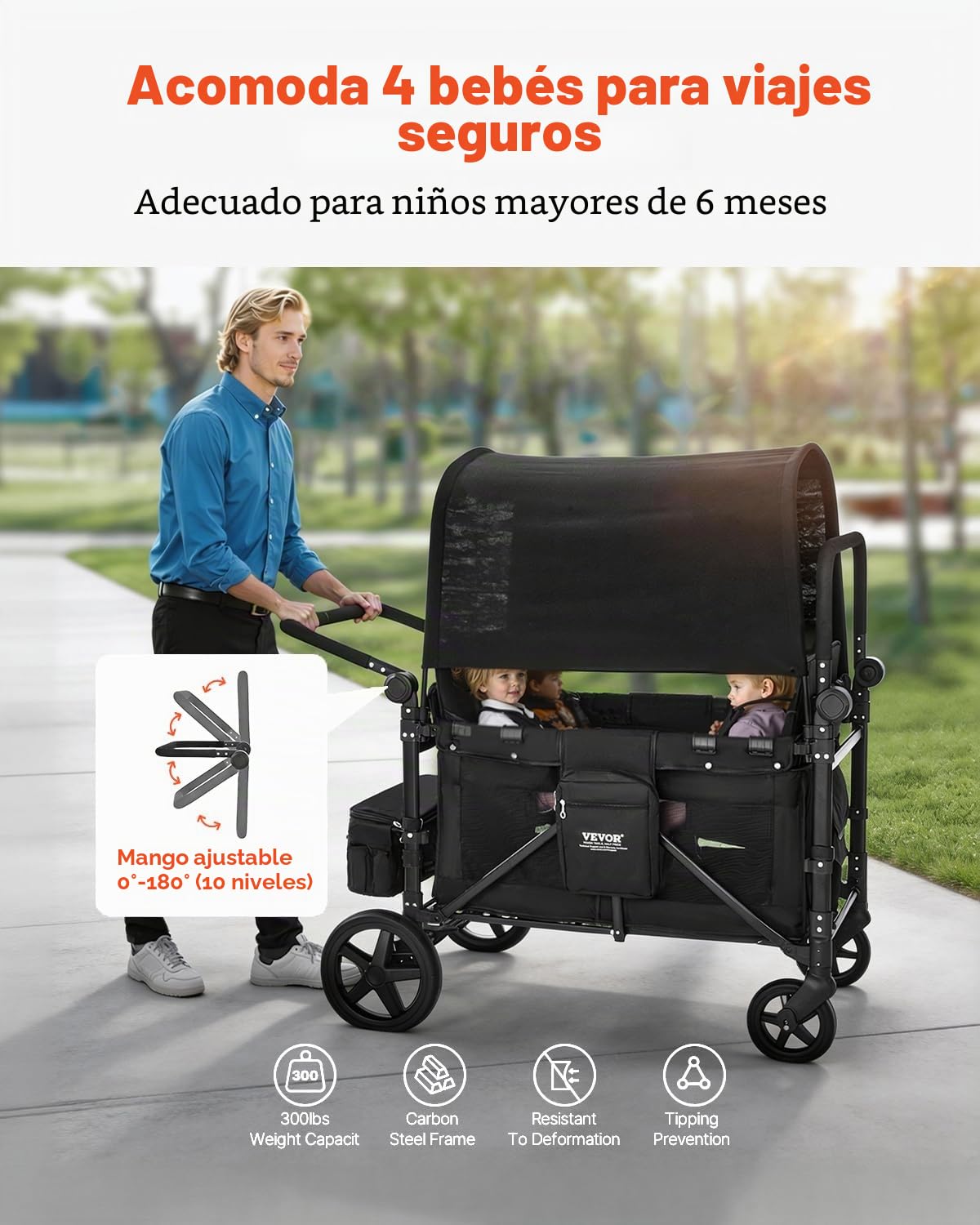 VEVOR Cochecito Plegable para 4 Niños, con Asa Ajustable, Arnés de Seguridad de 5 Puntos y Capota Extraíble, 4 Plazas, para Camping, Negro(Carga de 150 kg), Acero al Carbono, 1650 x 725 x 1250 mm