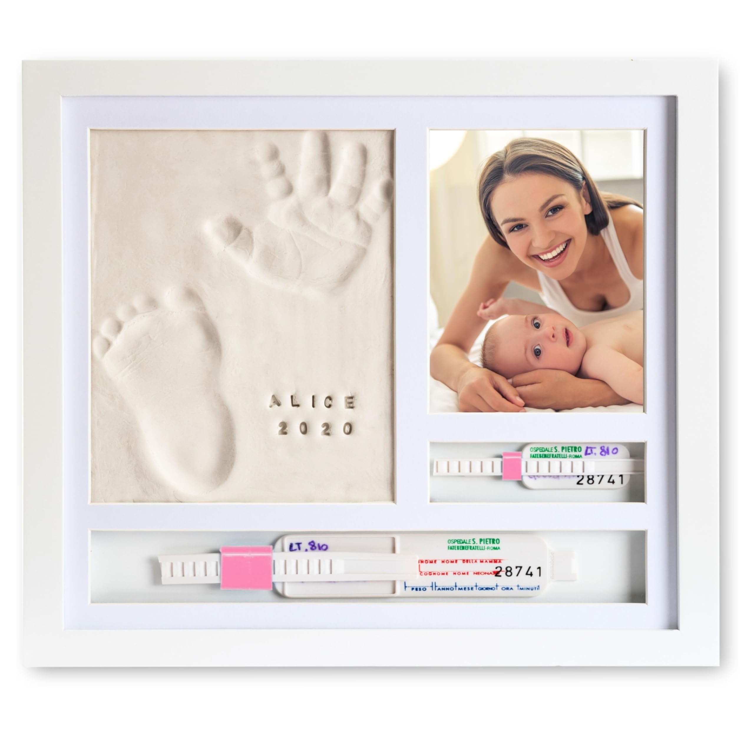 PITI COT Cornice Impronta Mani e Piedi Neonati | Kit Lettere Numeri e 2 Porta Braccialetti Nascita | Regalo Personalizzabile per Lista Nascita Bebè