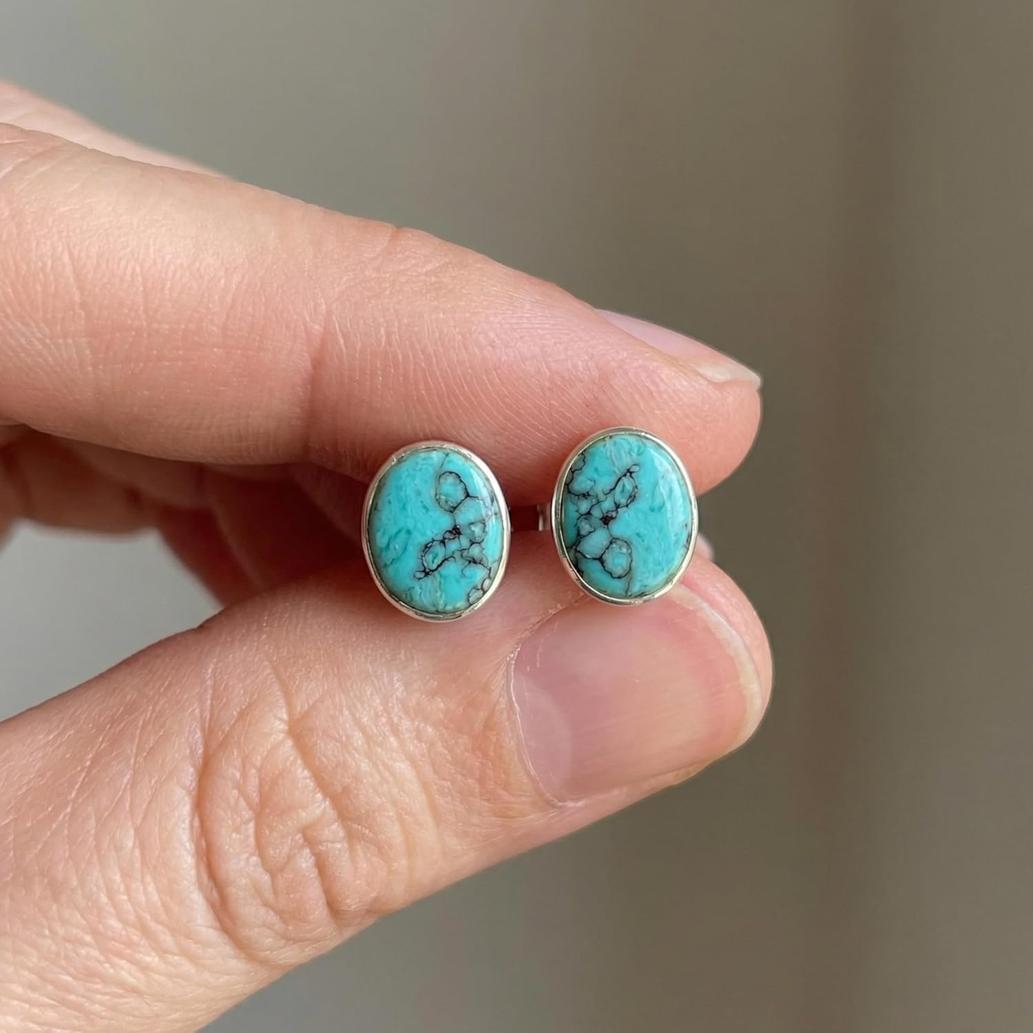 Handmade Turquoise Gemstone Oval 6x8mm Stud Earrings, 925 Sterling Silver Studs for Women, Cartilage Earrings, Tarnish & Water Resistant, By Miya Jewelry Creations
