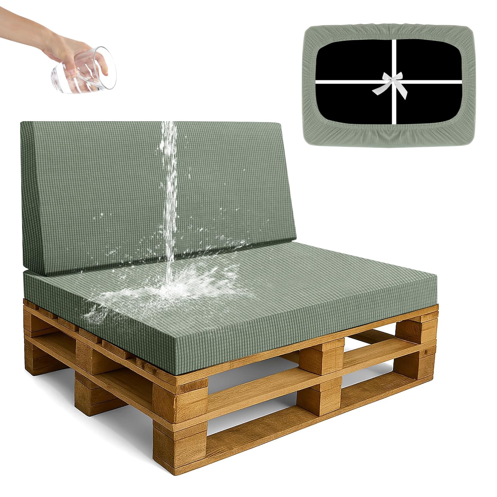 SYLC Waterproof Pallet Cushions Covers, Stretch Cover for Pallet Furniture Cushions with 4 Ties, Outdoor Corner Sofa Covers for Rattan Patio Garden Caravan (Mintgreen,2 PCS(1 Seat+1 Back))