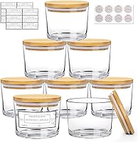 CONNOO 8-Pack 12oz Clear Glass Wide Mouth Candle Jars with Airtight Bamboo Lids & Warning Labels - Dishwasher Safe Bulk for DIY Candle Making