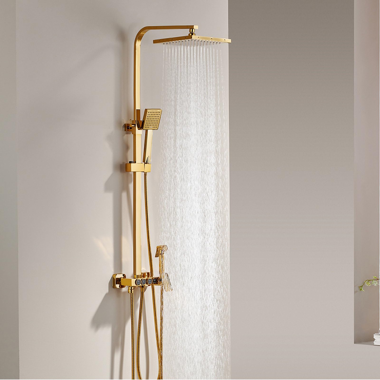 Columna Ducha, Columna de Ducha Oro Cepillado 4 in 1,Sistema de Ducha Latón | Conjunto de Ducha con Ducha de Techo de 225mm, Ducha de Mano, Grifo de Bañera y Ducha Higienica, Altura y Ángulo Ajustables
