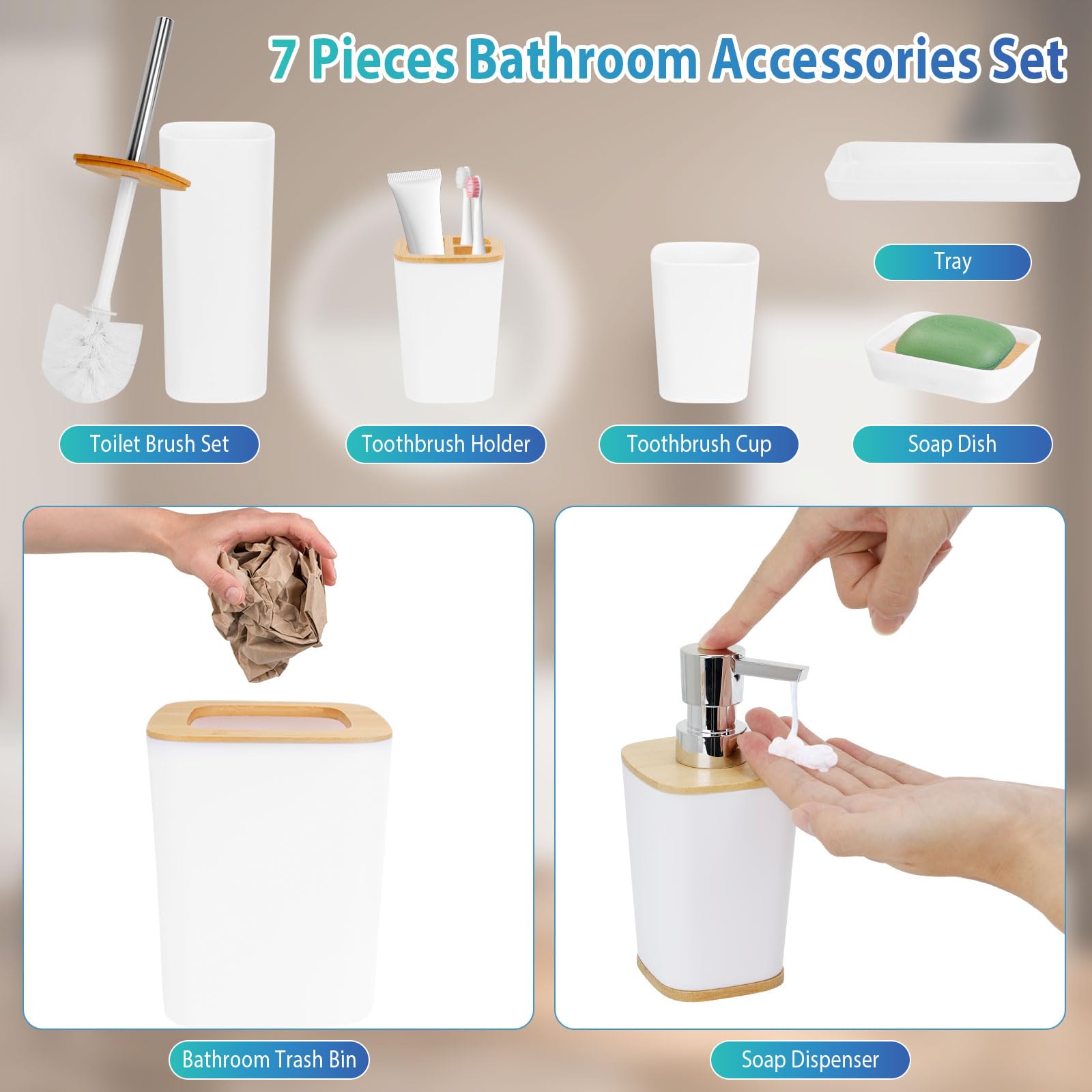 Dadabig Accesorios de Baño de Bambú, Juego de 7 Accesorios de baño, Dispensador de Jabón, Soporte para Cepillos de Dientes, Vaso de Enjuague y Jabonera (Blanco)