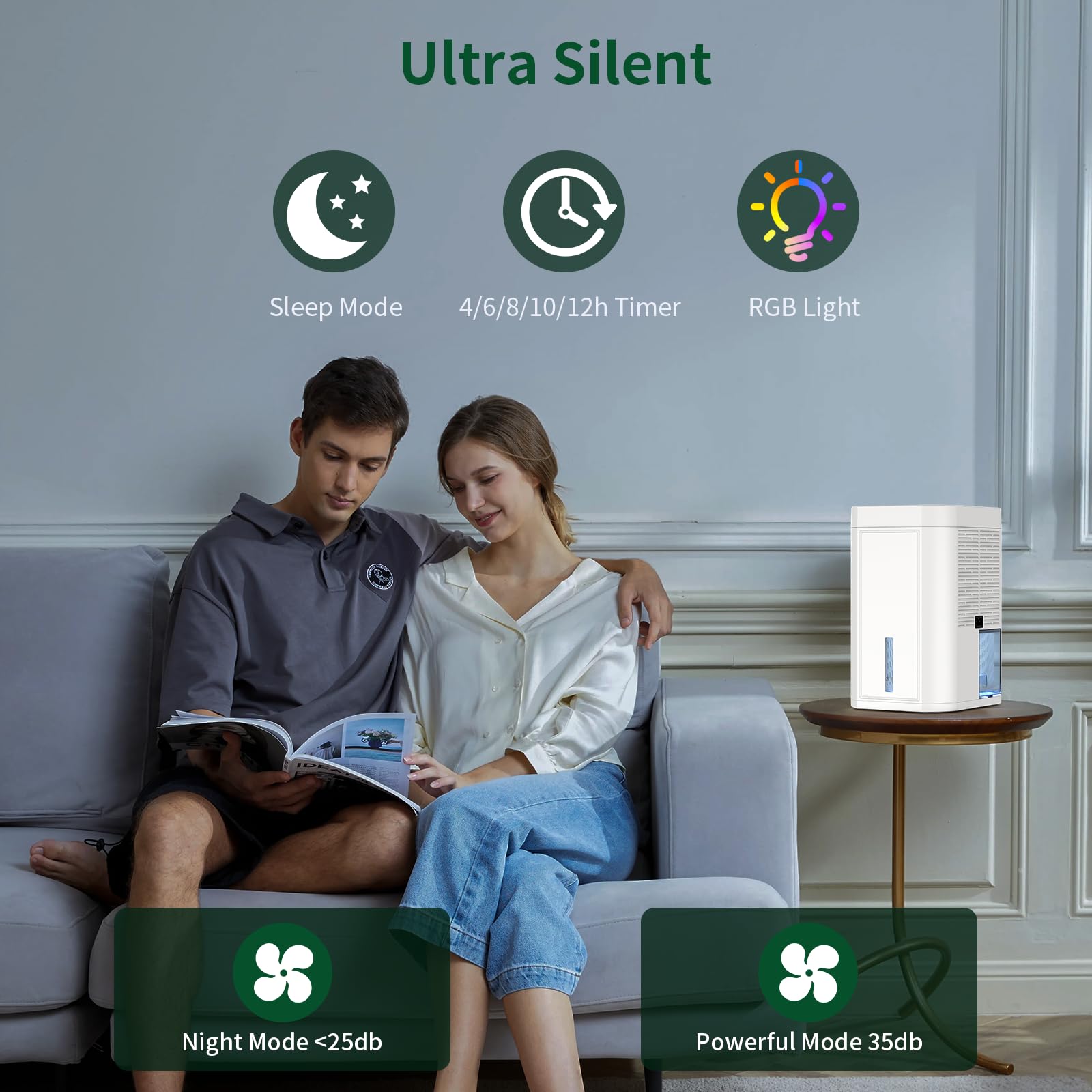 Deumidificatore elettrico 1200 ml, deumidificazione silenziosa con spegnimento automatico, timer 12H e modalità sleep, luce notturna RGB a 7 colori, adatto per bagni, camere da letto e cantine