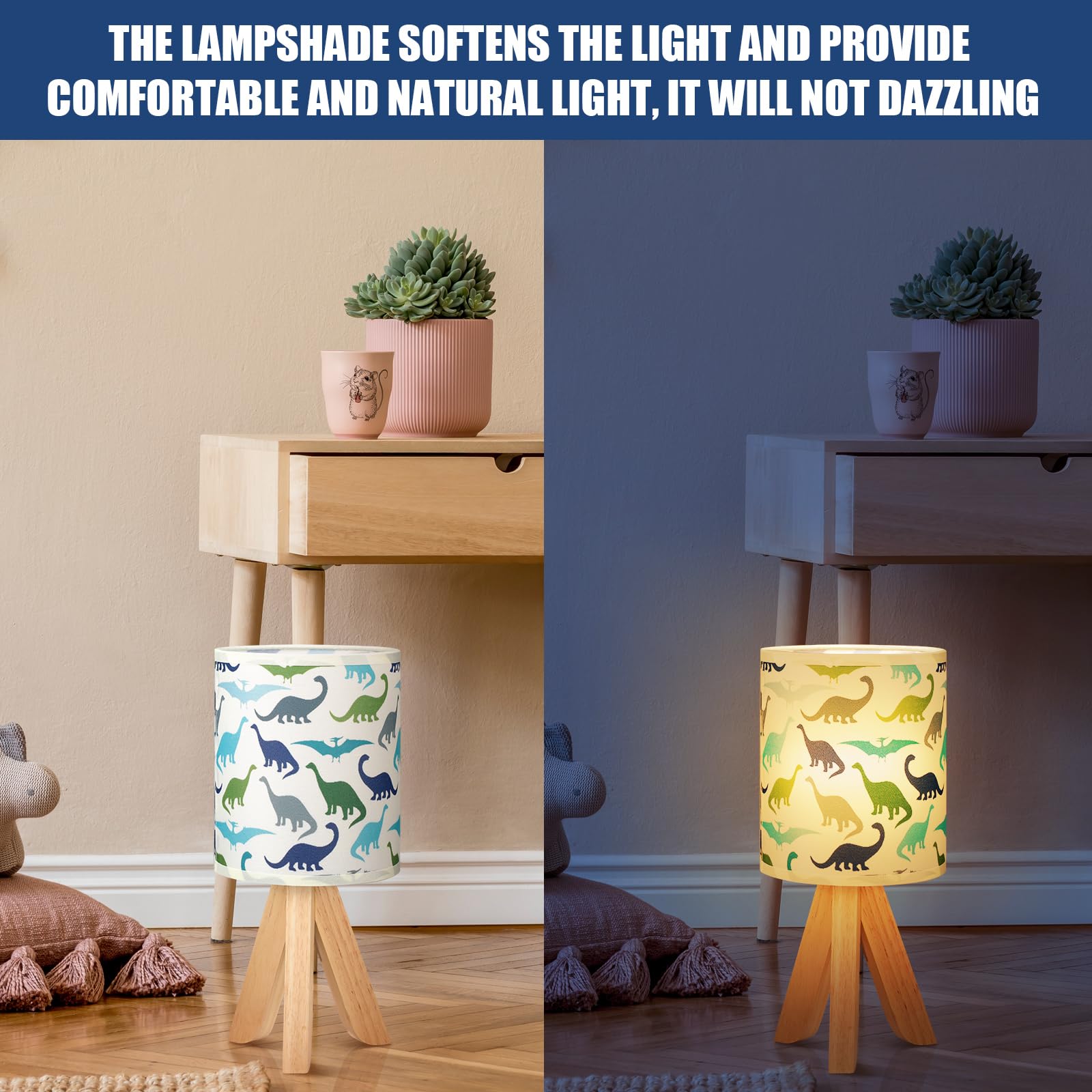 VIHOSE Lámpara de mesa para niños, lámpara de mesita de noche con madera de lino, lámpara de mesa de noche de dibujos animados para habitación de niños y niñas, sala de estar (dinosaurio)
