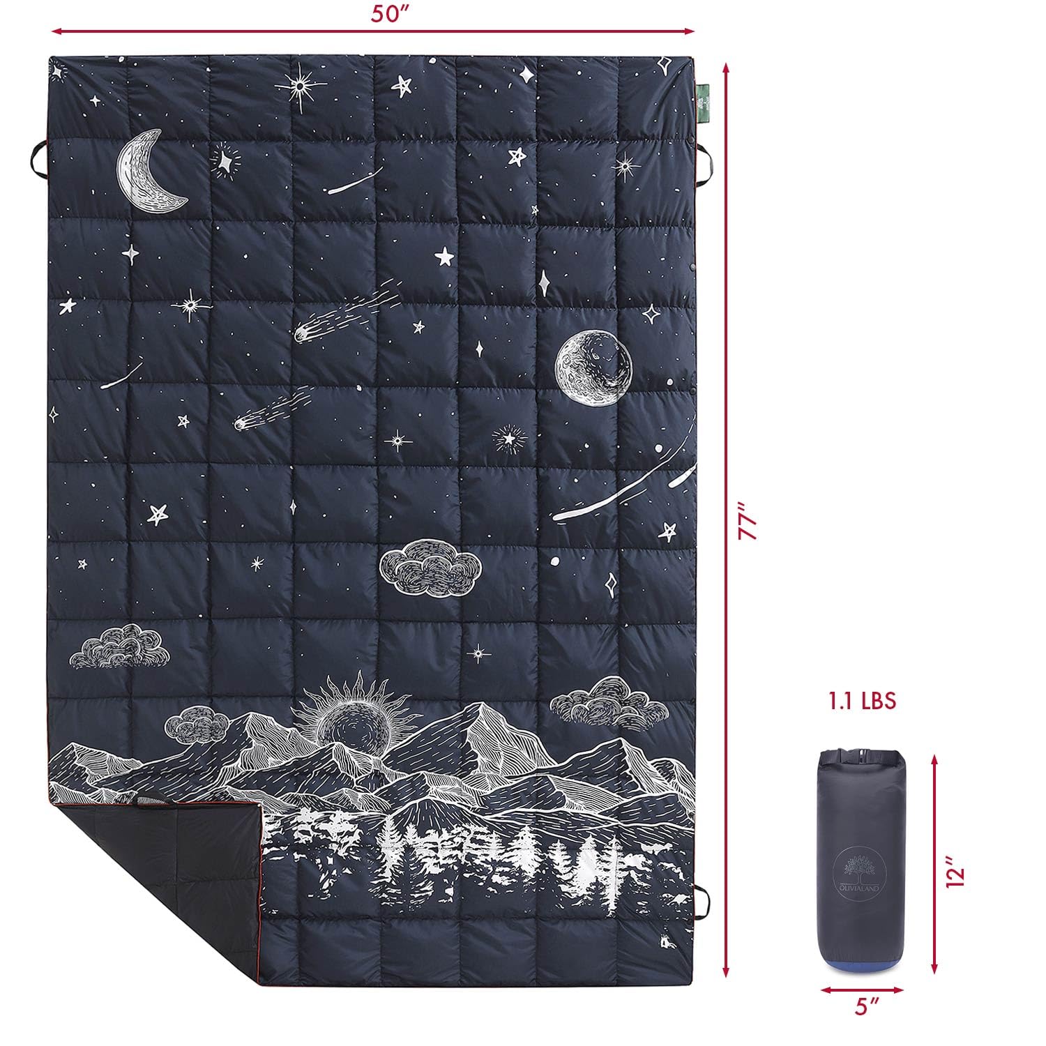 Olivialand Down Camping Blanket, Ultralight Compact Packable Throw with Snaps for Outdoor Indoor, Travel Stadium Concert Picnic Beach, Puffy 650 Fill Down Water-Resistant Quilt (Midnight Sunrise)