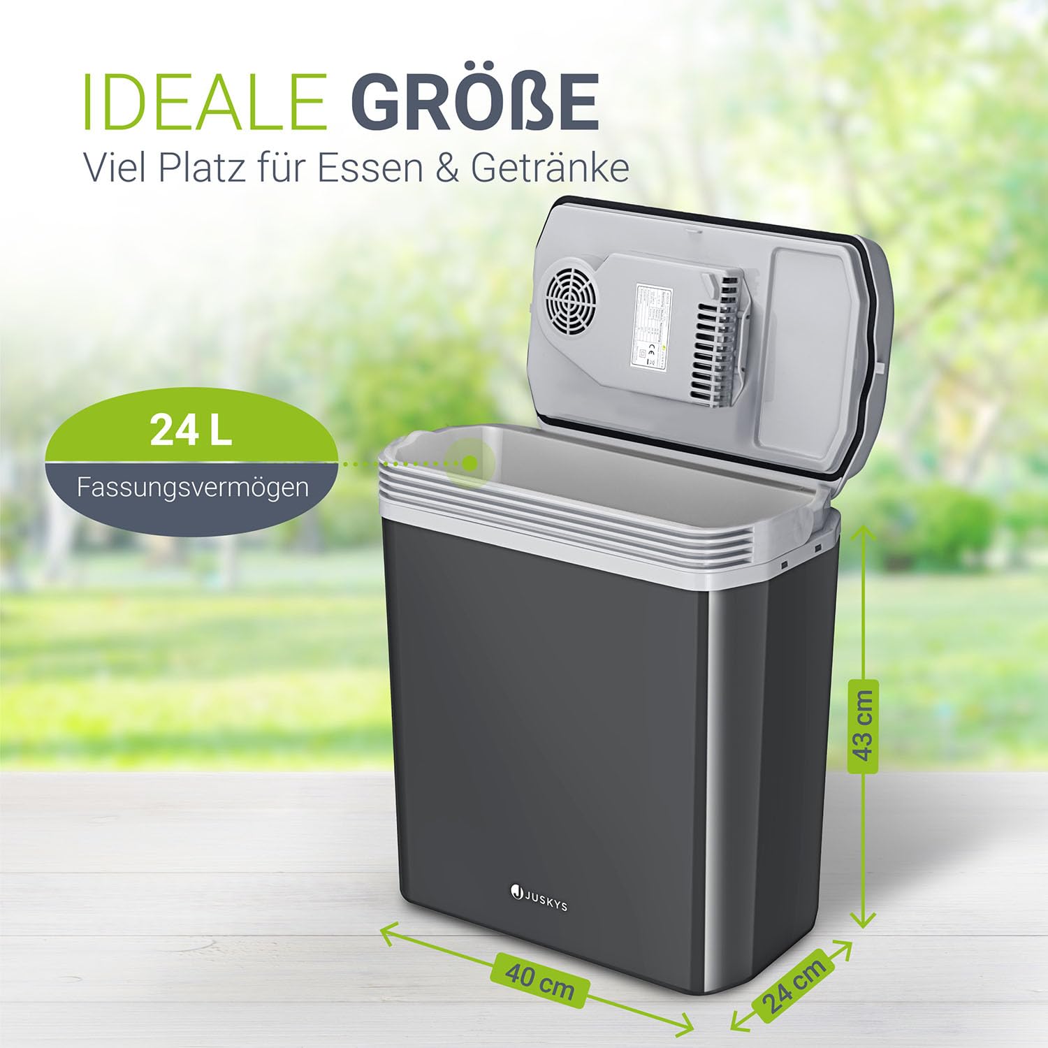 Juskys Nordpol Kühlbox elektrisch 24 L | Kühlt & wärmt | Kühlbox für Auto, Camping & Steckdose | 12V & 230V Anschluss | thermoelektrischer Mini Kühlschrank | ECO-Modus 48 dB & nur 3,6 kg leicht