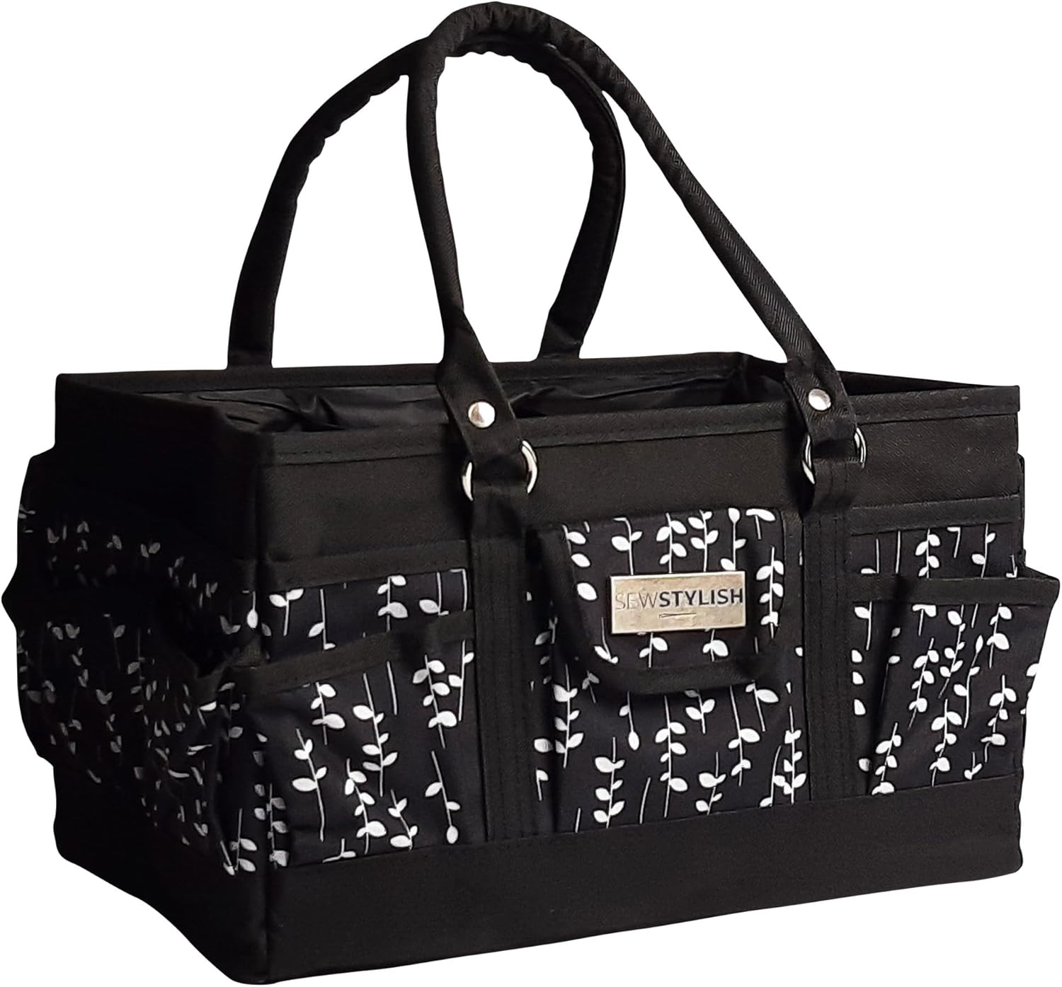 Sew Stylish Craft Organiser Bag, Black Sprig Pattern Collapsible