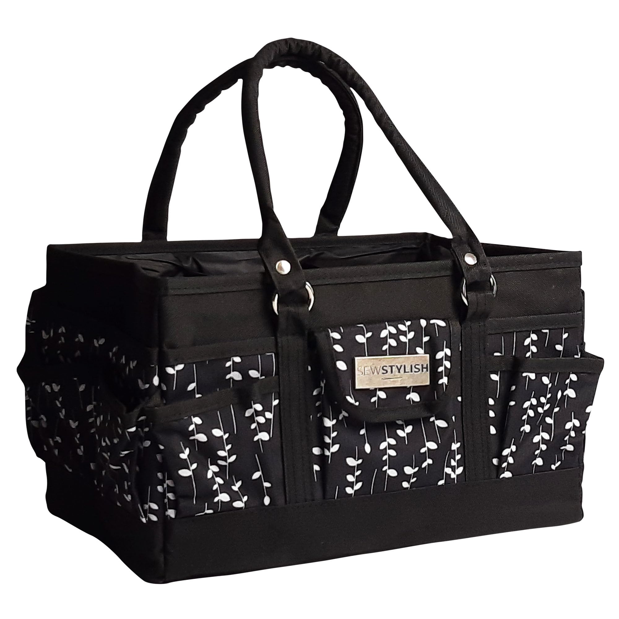 Sewing Online Black Sew Stylish Craft Organiser Bag, Sprig Pattern - Collapsible Caddy And Tote With Compartments For Sewing, Scrapbooking, Paper Craft, And Art - Pt900-Blk-Sprig