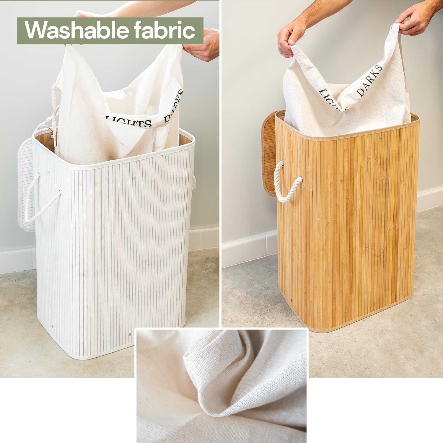 edihome, Kosz na pranie, 2 przegródki, kosz z pokrywką, 72 l, wiadro, kosz Laundry Basket, składany, zdejmowana torba do prania, bambusowy uchwyt do prania (naturalny)