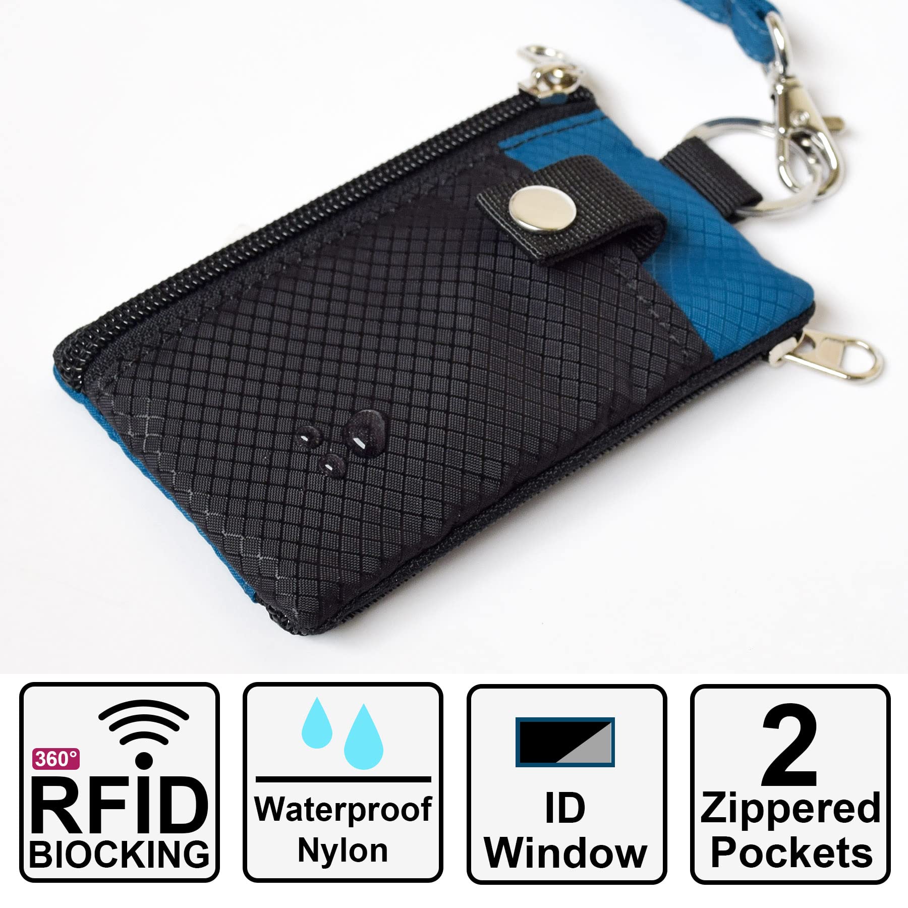 CHENSPRX Minimalistyczny mały portfel blokujący RFID z okienkiem na dowód osobisty, wodoodporny portfel z zamkiem błyskawicznym etui na identyfikator ze smyczą brelok na karty, gotówkę, podróż,