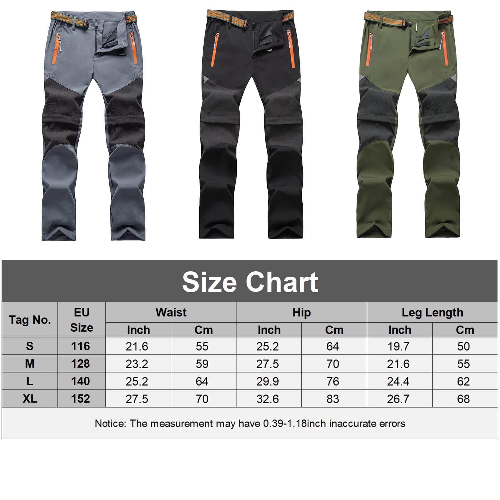 Maeau Pantaloni da lavoro 2 in 1, con zip off, per bambini, ad asciugatura rapida, leggeri, impermeabili, per attività all'aria aperta, da trekking, con cintura, primavera, estate, autunno, 116-152