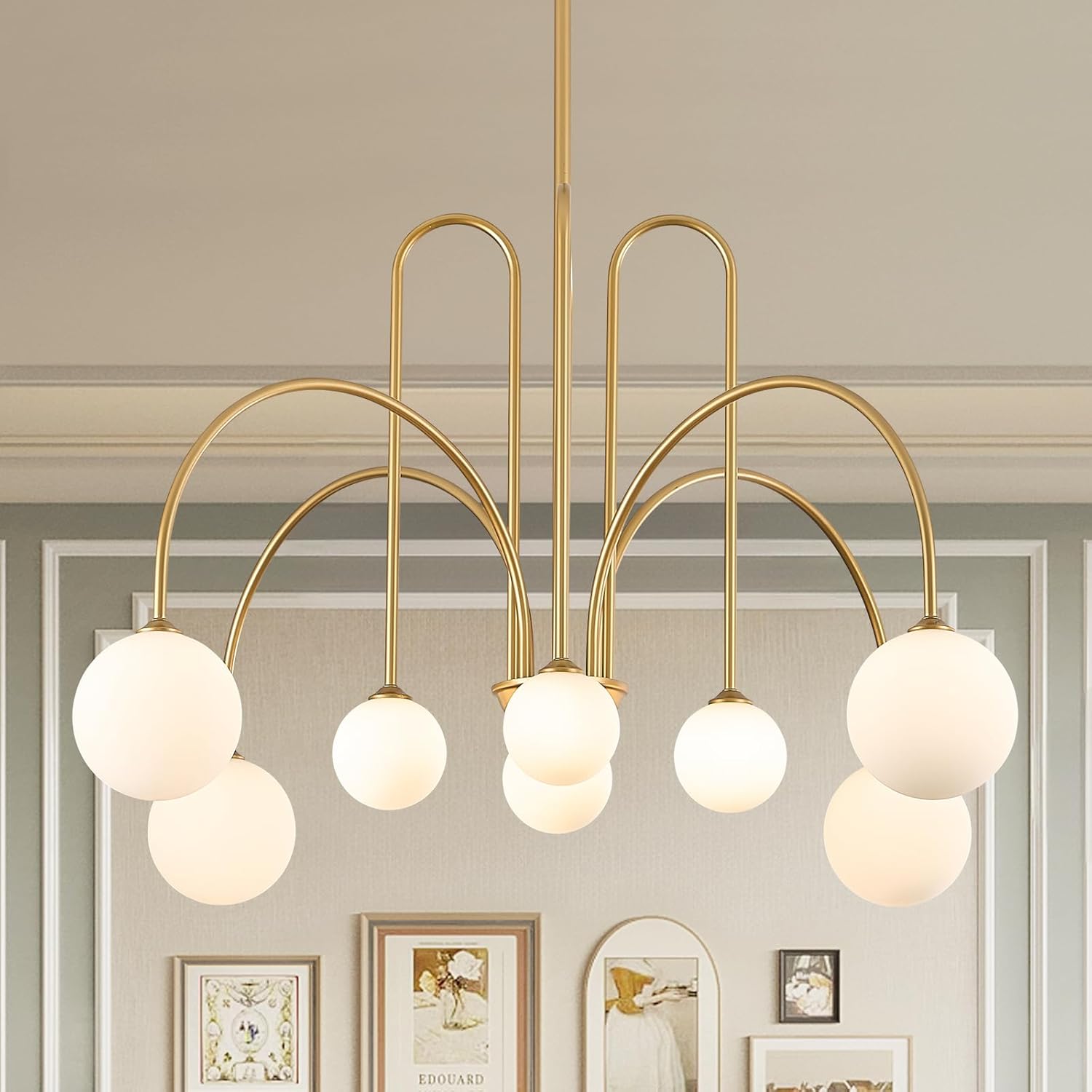 Modern Gold Sputnik Chandelier 8 Lights Large Luxury L41” Mid Century Milk Glass Globe Ceiling Pendant Light Contemporary for Foyer Staircase Living Dining Room Kitchen