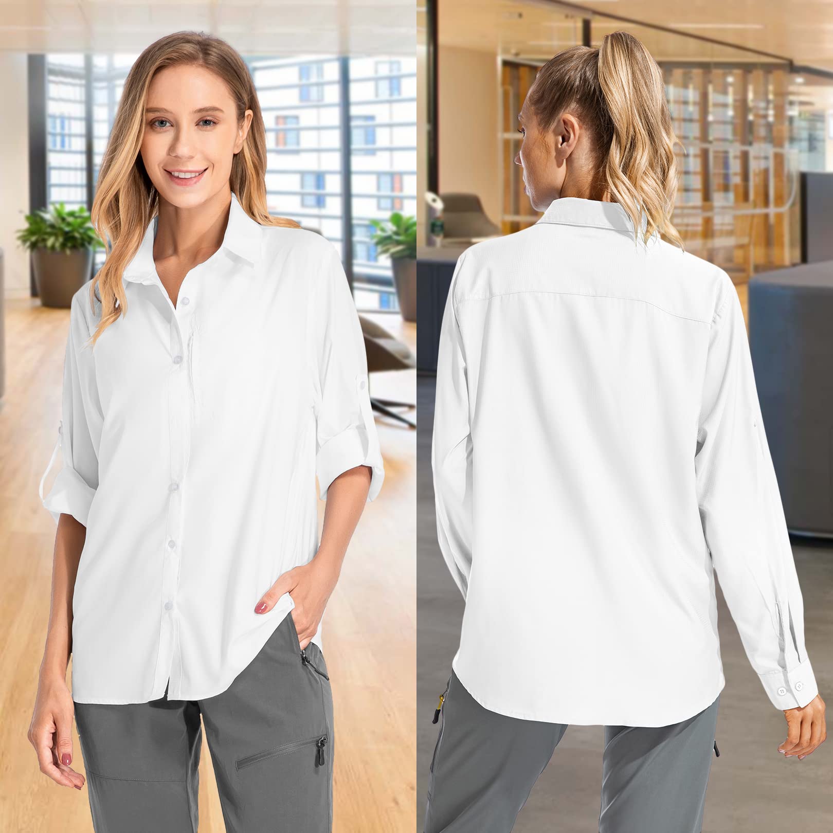 yeyity Blusa de manga larga para mujer, con protección UV, de secado rápido, para senderismo, safari, informal, con botones, para vacaciones en la playa, elegante blusa