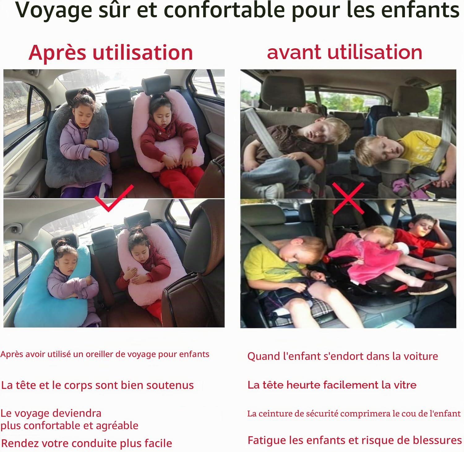 Oreiller de voiture de voyage pour enfants, coussin de voiture pour dormir, soutien de la tête et du corps, oreiller en forme de U pour voyage (gris)